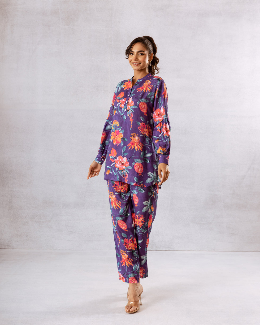 Majestic Purple Muslin Floral Co-ord Set - Hukum Jaipur