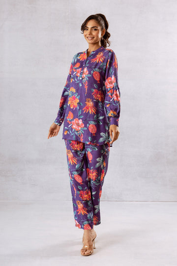 Majestic Purple Muslin Floral Co-ord Set - Hukum Jaipur