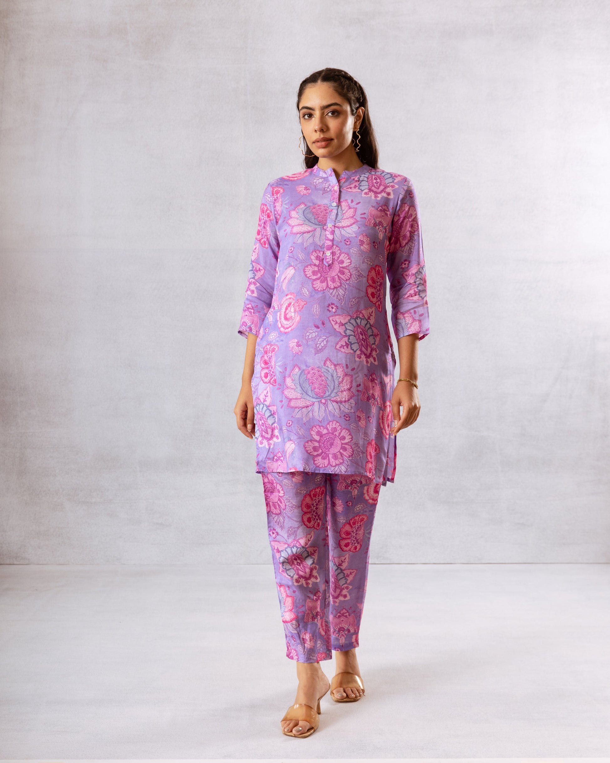 Lavender Blooms: Purple Floral Muslin Semi-Shirt Co-ord Set - Hukum Jaipur