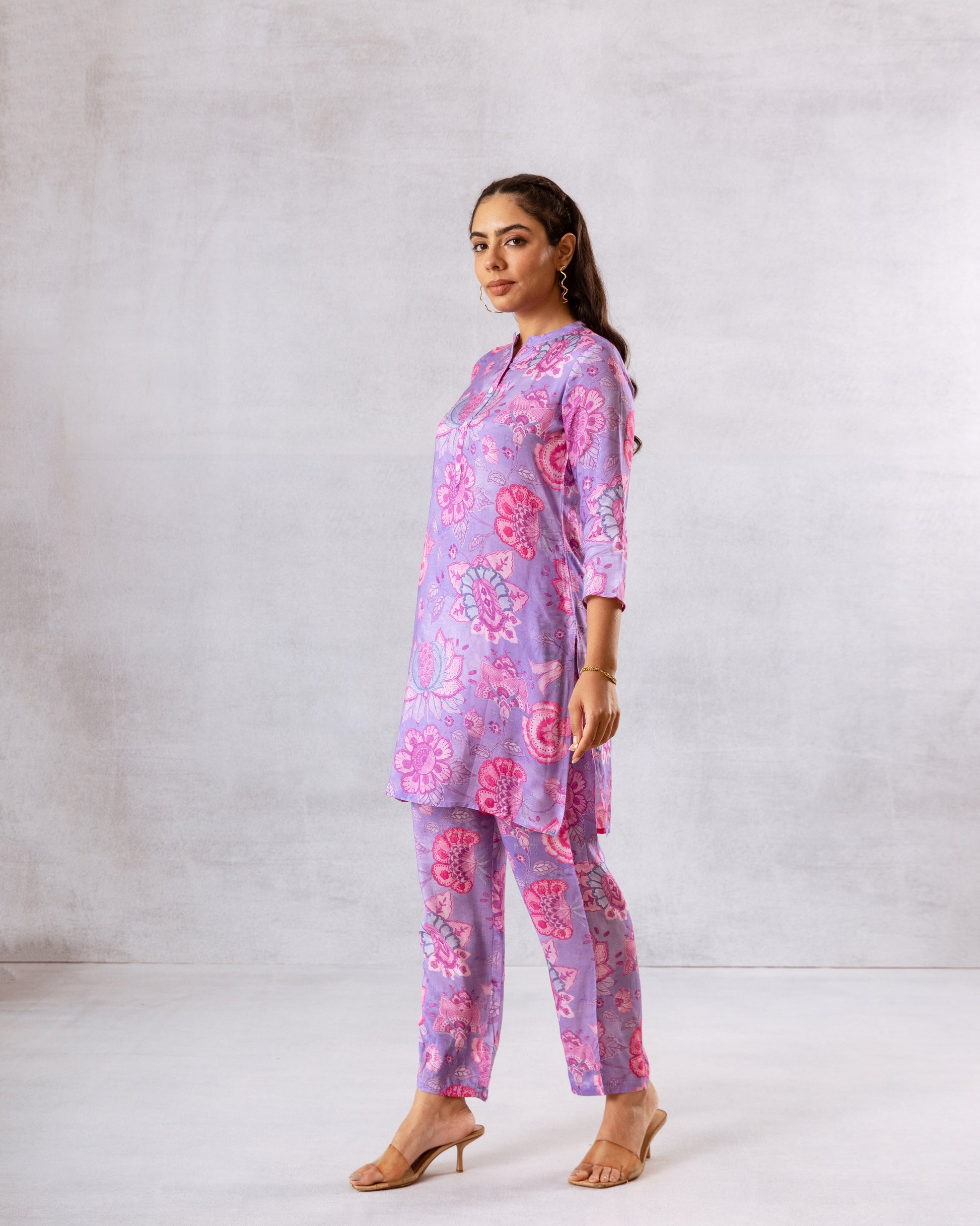 Lavender Blooms: Purple Floral Muslin Semi-Shirt Co-ord Set - Hukum Jaipur