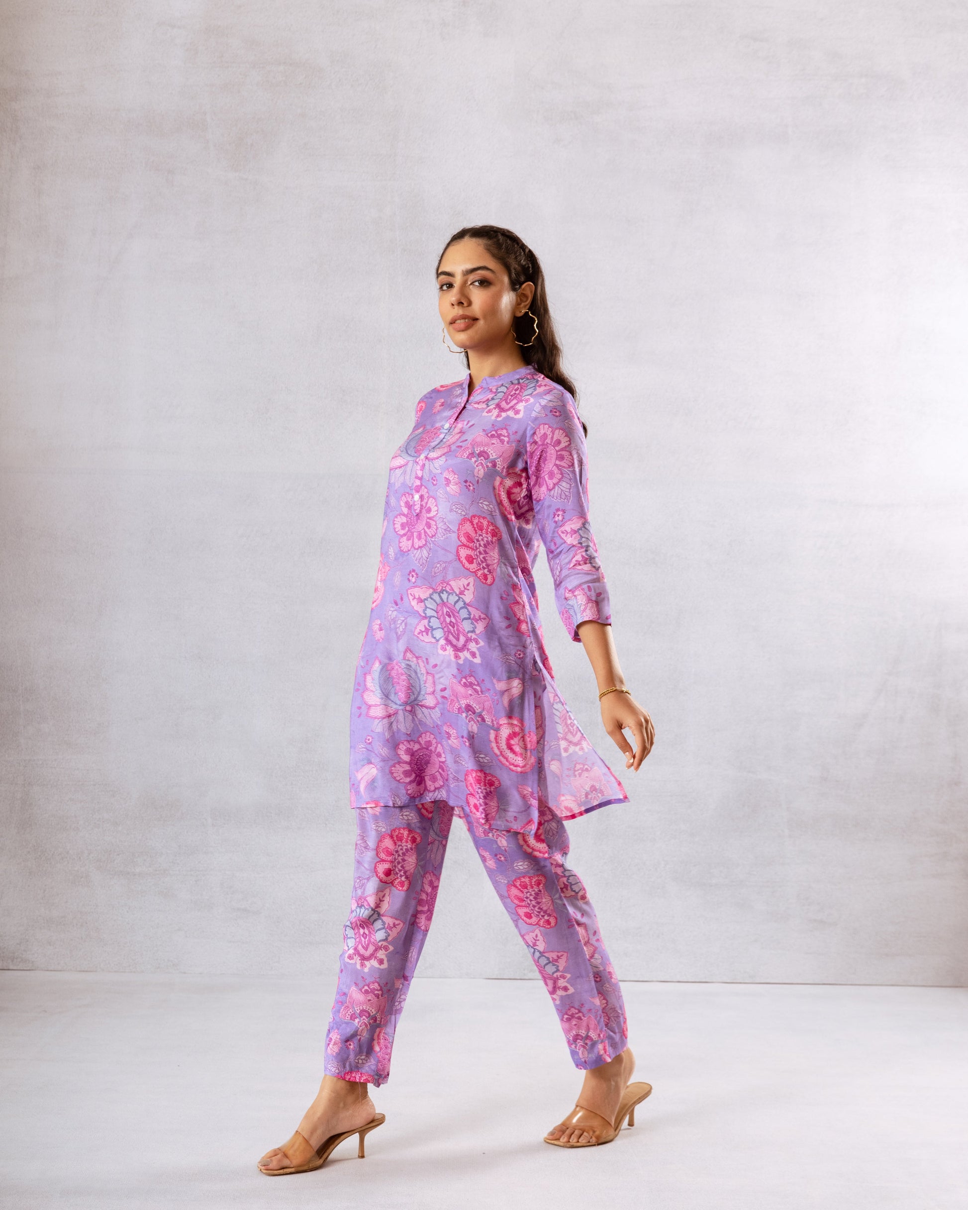 Lavender Blooms: Purple Floral Muslin Semi-Shirt Co-ord Set - Hukum Jaipur