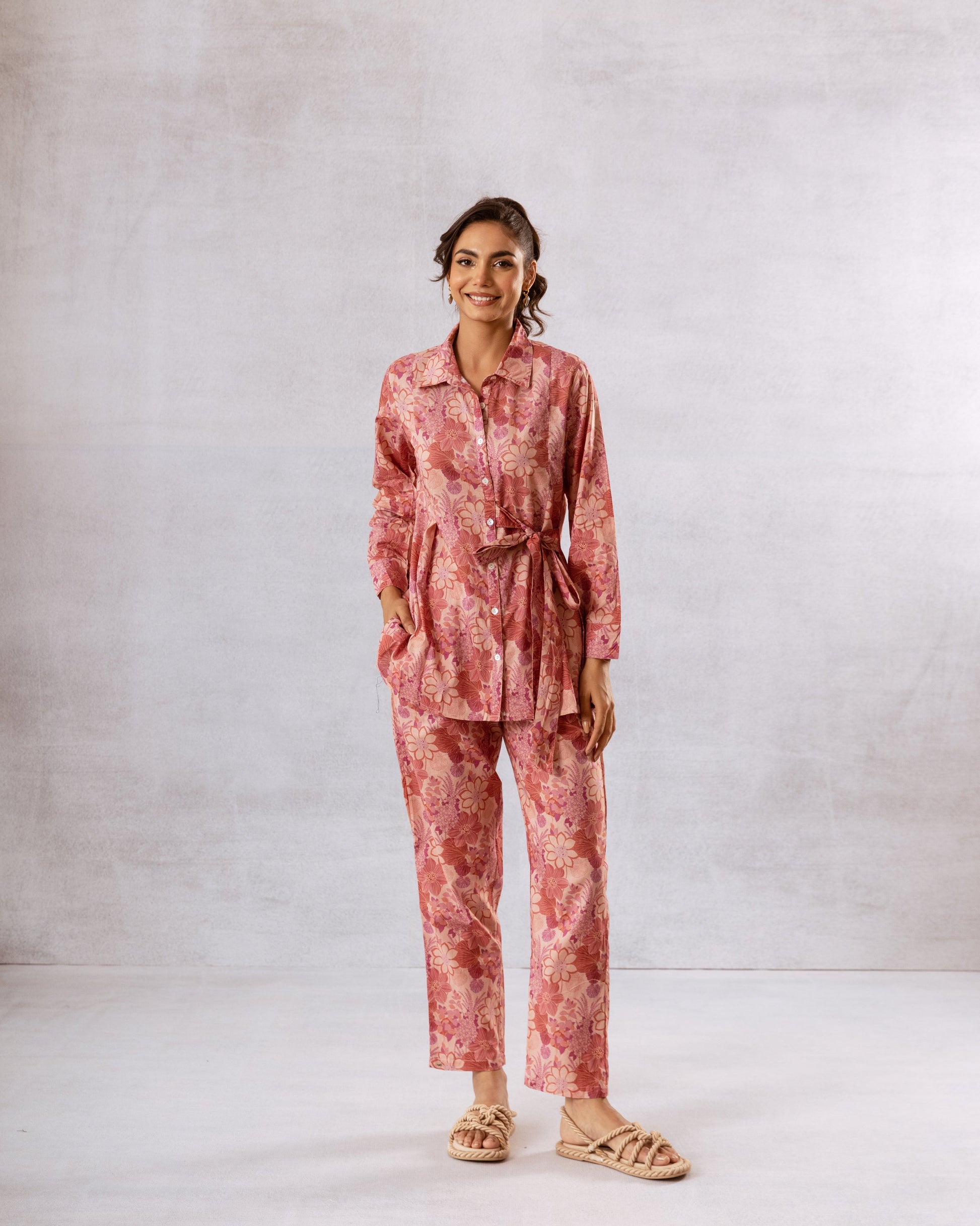 Elegant Peach Cotton Co-ord Set with Tie-Ups - Hukum Jaipur