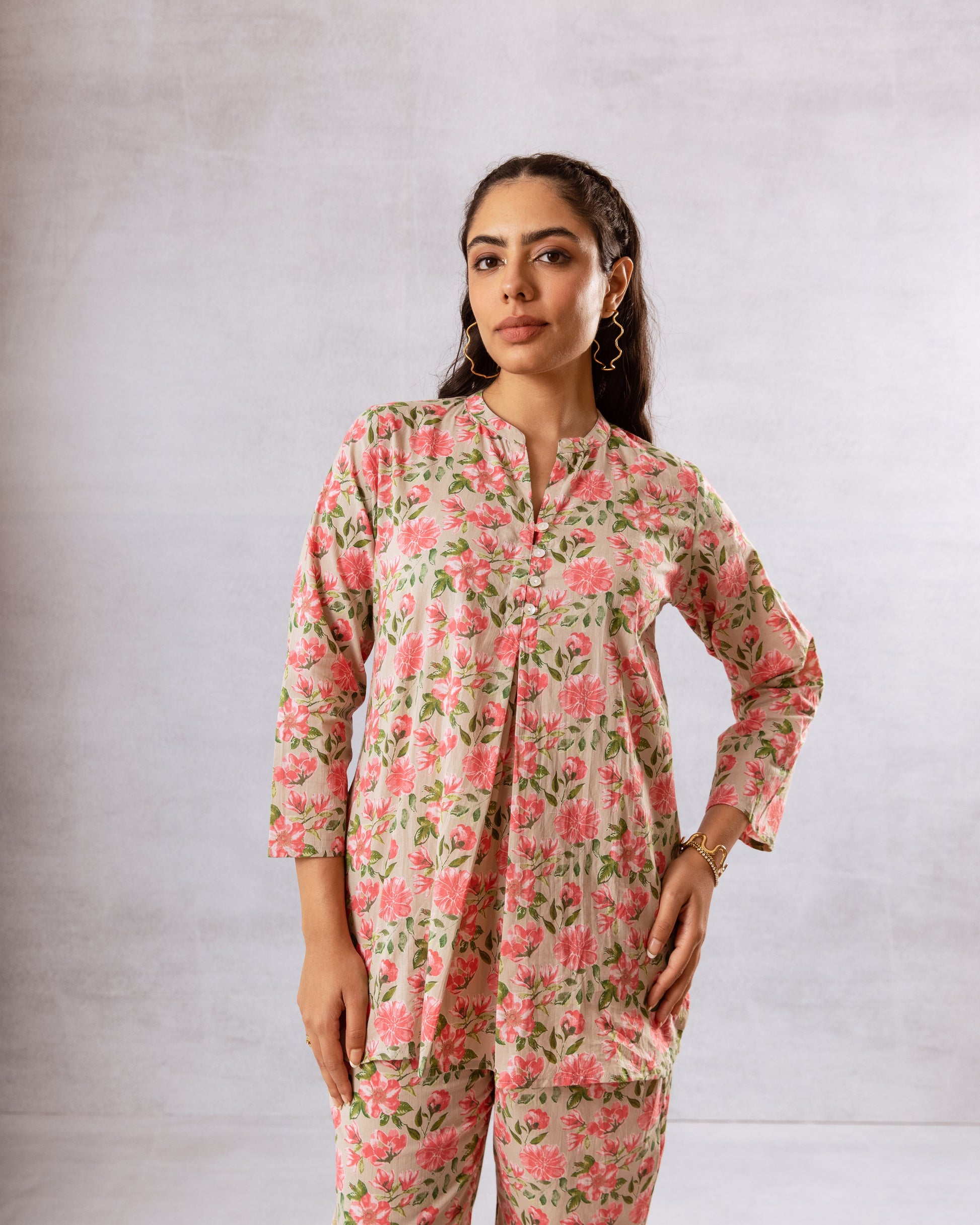 Elegant Grey Cotton Botanical Co-ord Set - Hukum Jaipur