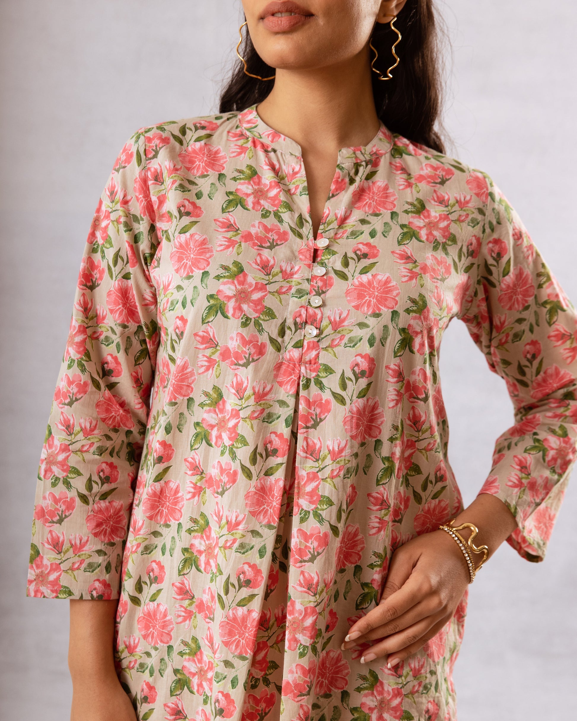 Elegant Grey Cotton Botanical Co-ord Set - Hukum Jaipur