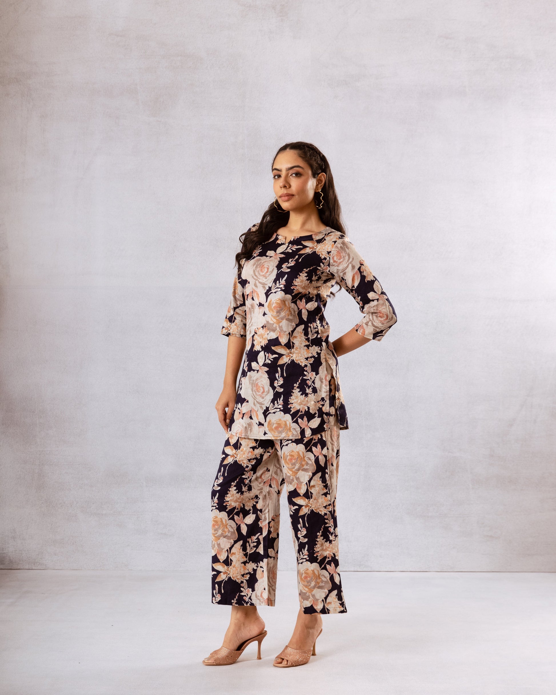 Tranquil Blossom: Blue Cotton Co-ord Set with White Floral - Hukum Jaipur