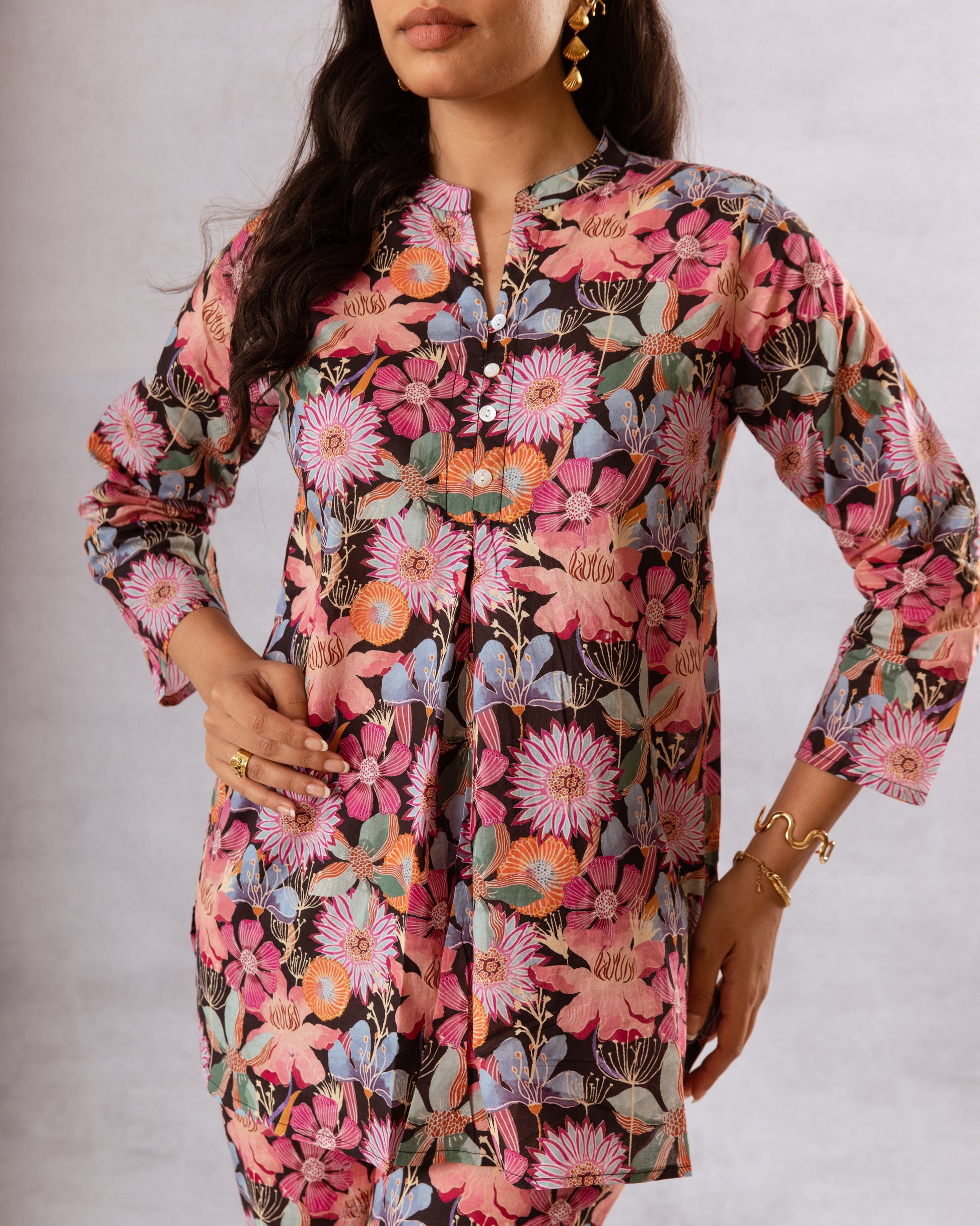 Noir Black Cotton Floral Print Co-ord Set - Hukum Jaipur