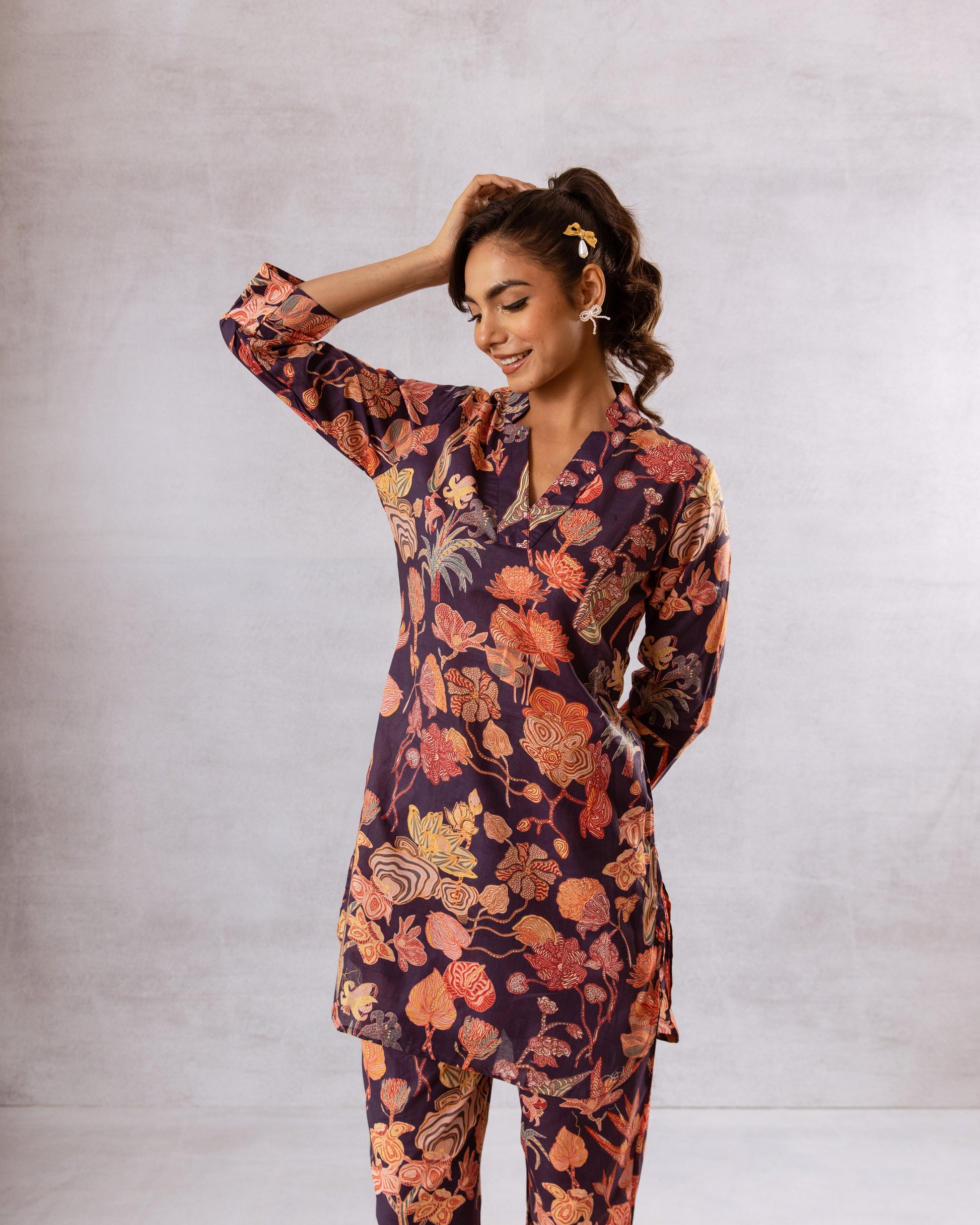 Navy Botanica: Cotton Botanical Print Co-ord Set - Hukum Jaipur