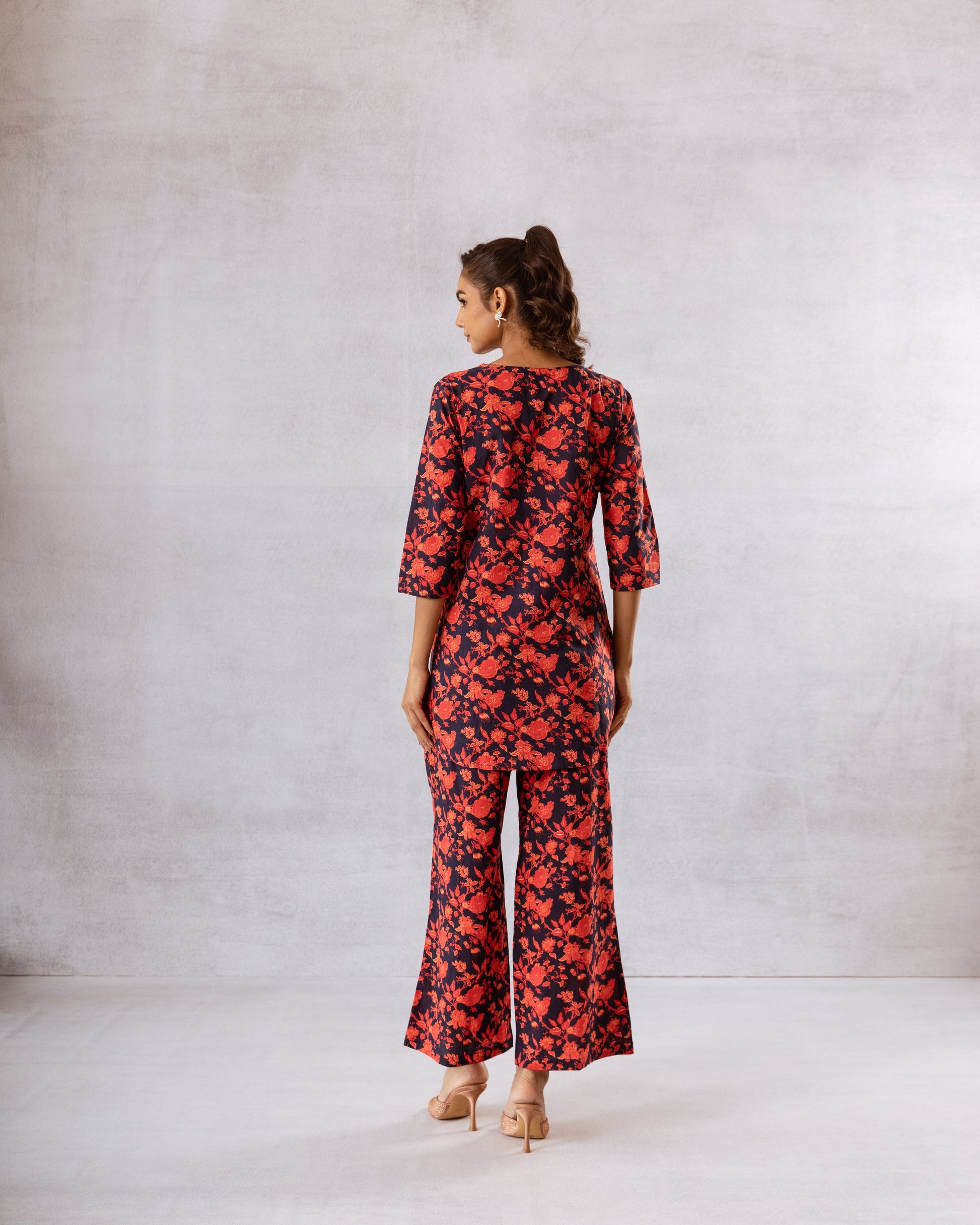 Nautical Charm: Navy Blue Co-ord Set with Vibrant Red Floral - Hukum Jaipur