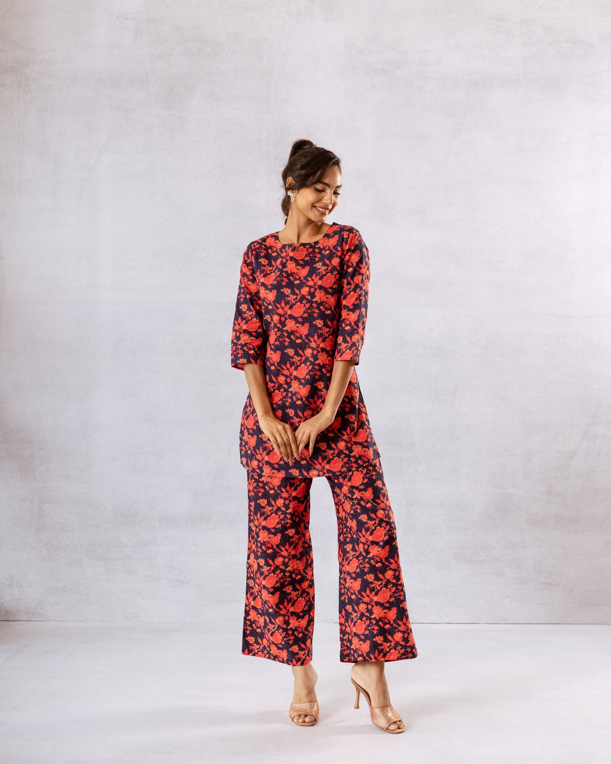 Nautical Charm: Navy Blue Co-ord Set with Vibrant Red Floral - Hukum Jaipur