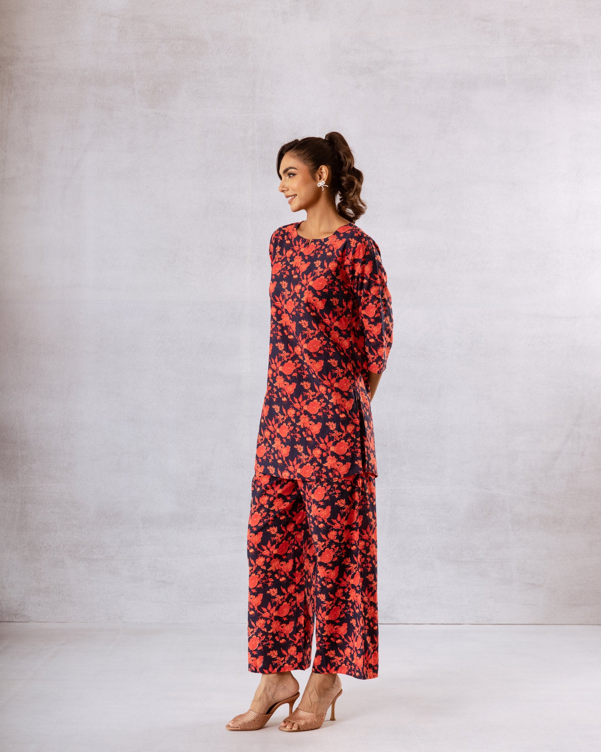 Nautical Charm: Navy Blue Co-ord Set with Vibrant Red Floral - Hukum Jaipur