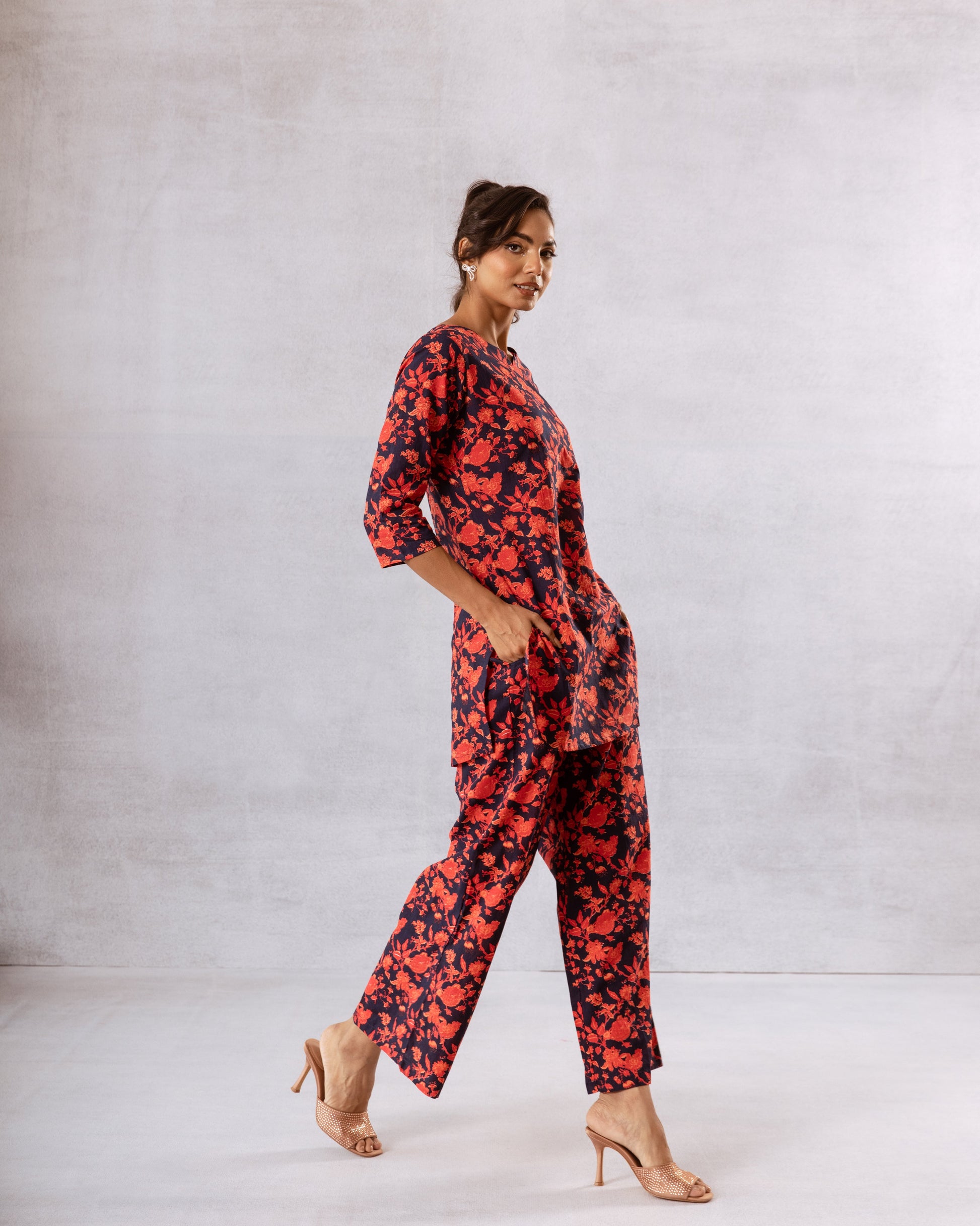 Nautical Charm: Navy Blue Co-ord Set with Vibrant Red Floral - Hukum Jaipur