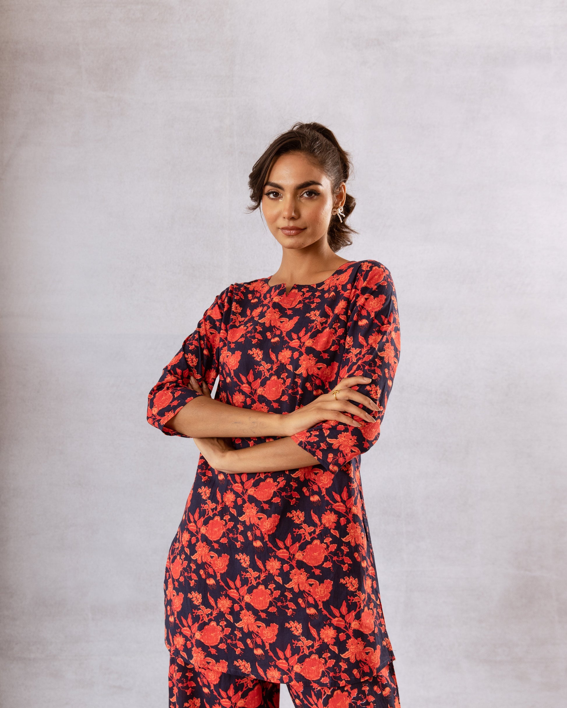 Nautical Charm: Navy Blue Co-ord Set with Vibrant Red Floral - Hukum Jaipur