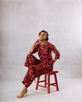 Nautical Charm: Navy Blue Co-ord Set with Vibrant Red Floral - Hukum Jaipur