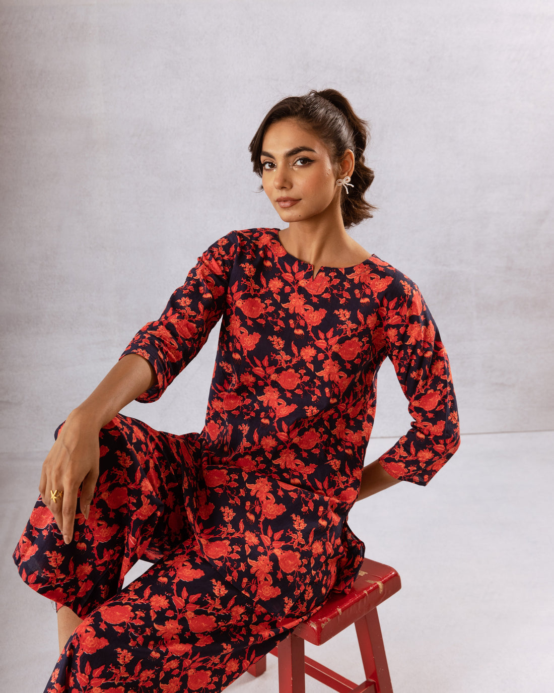 Nautical Charm: Navy Blue Co-ord Set with Vibrant Red Floral - Hukum Jaipur