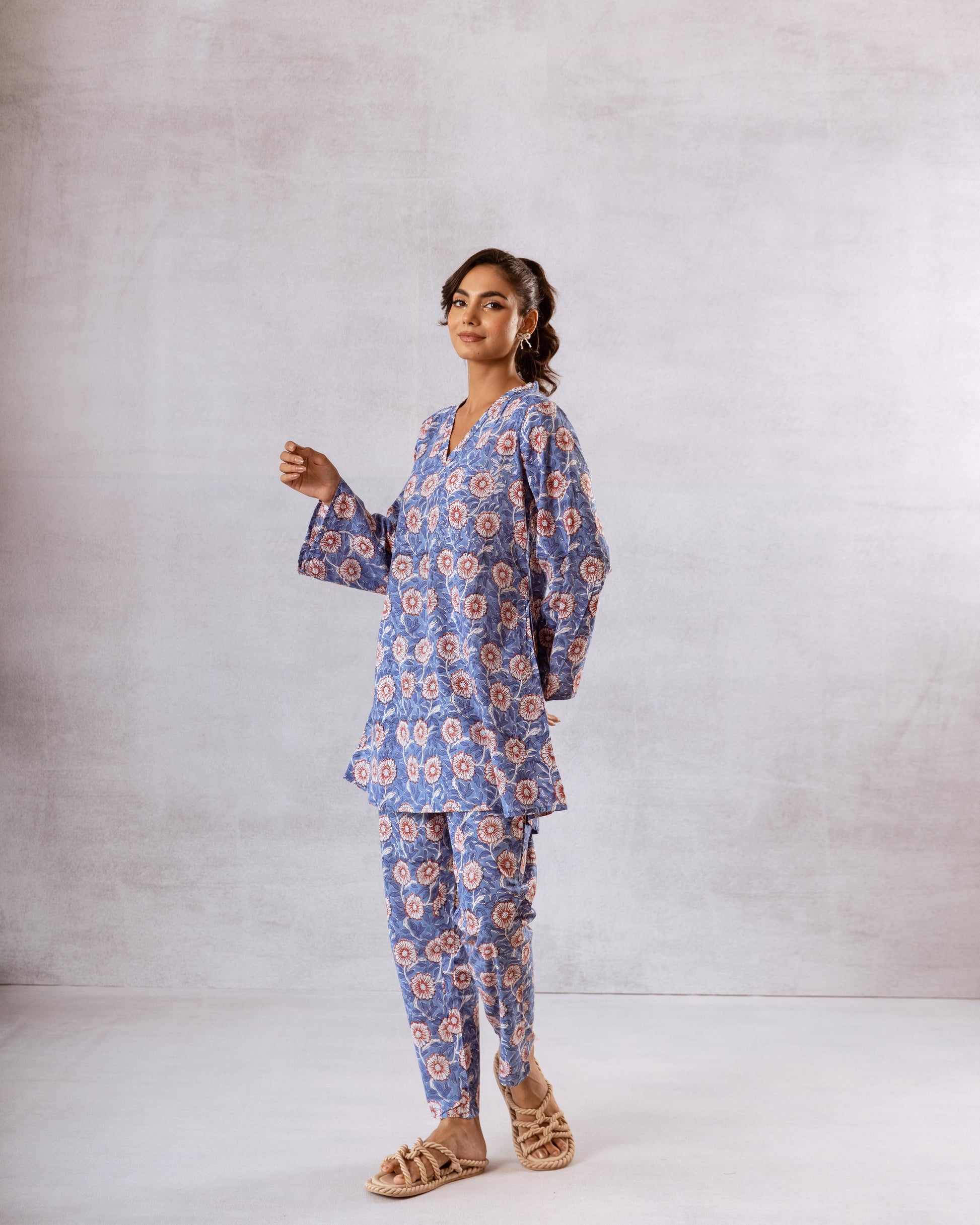 Lush Blue Botanical Cotton Co-ord Set – Nature-Inspired Chic - Hukum Jaipur