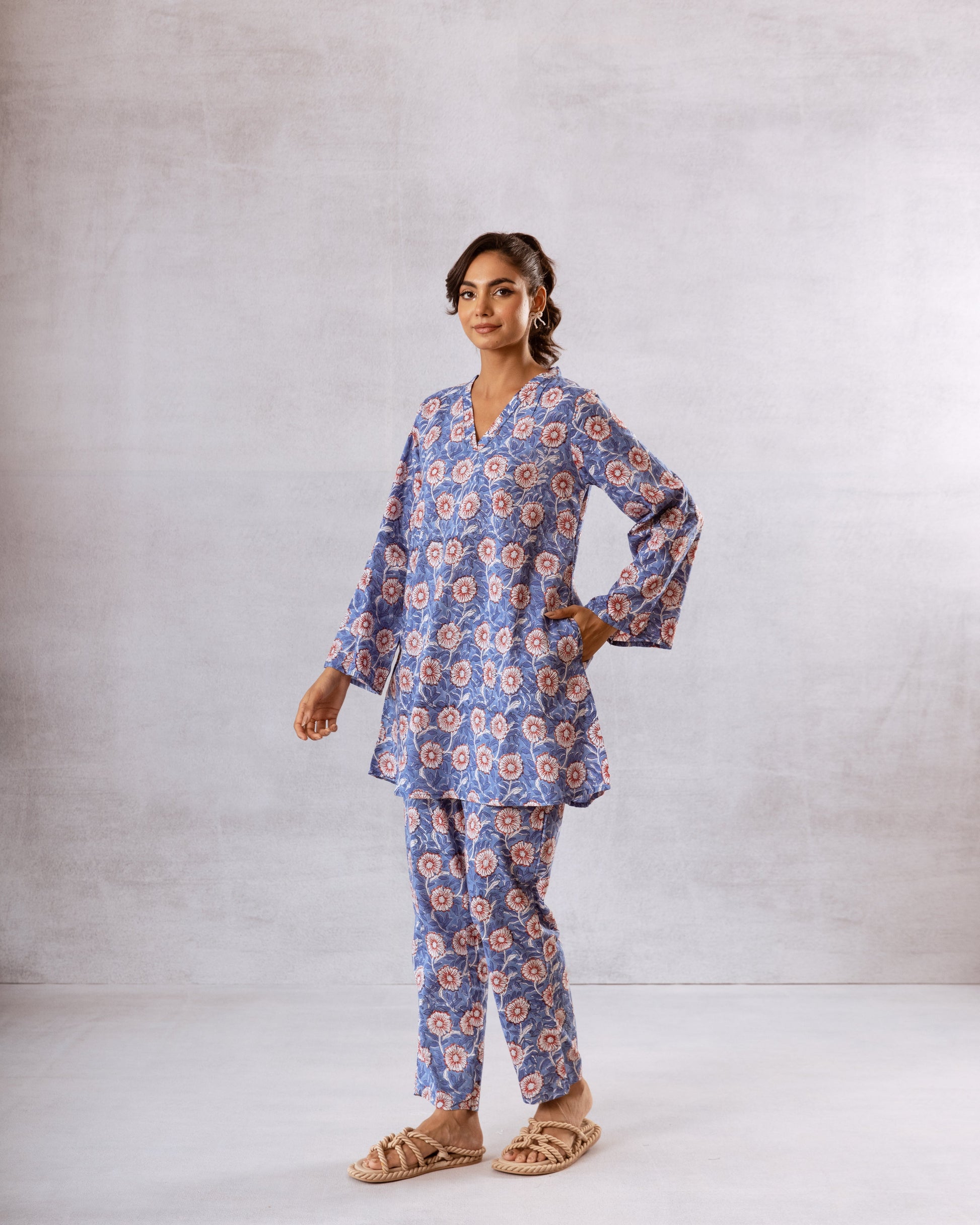 Lush Blue Botanical Cotton Co-ord Set – Nature-Inspired Chic - Hukum Jaipur