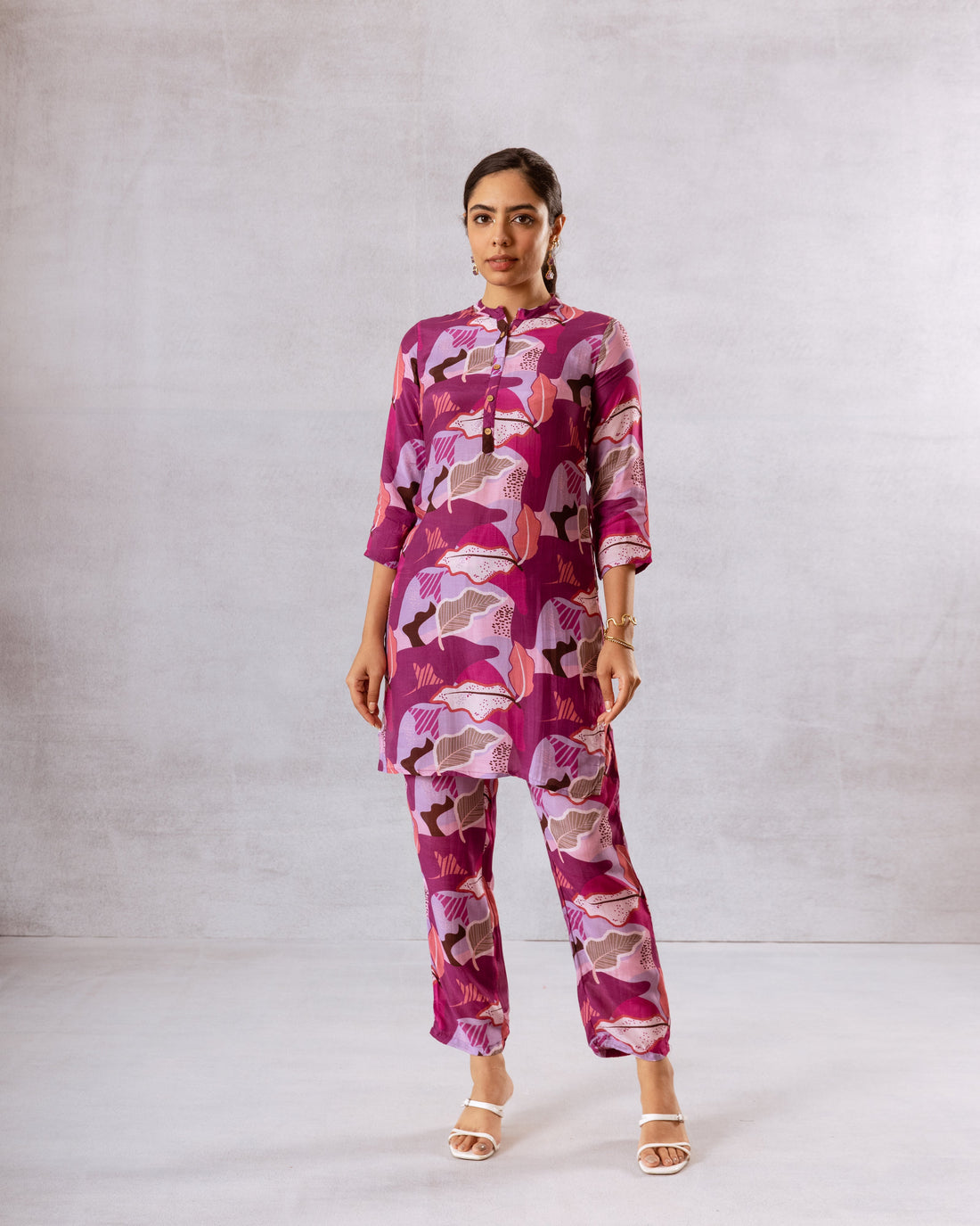 Amethyst Hues: Purple Abstract Muslin Semi-Shirt Co-ord Set - Hukum Jaipur