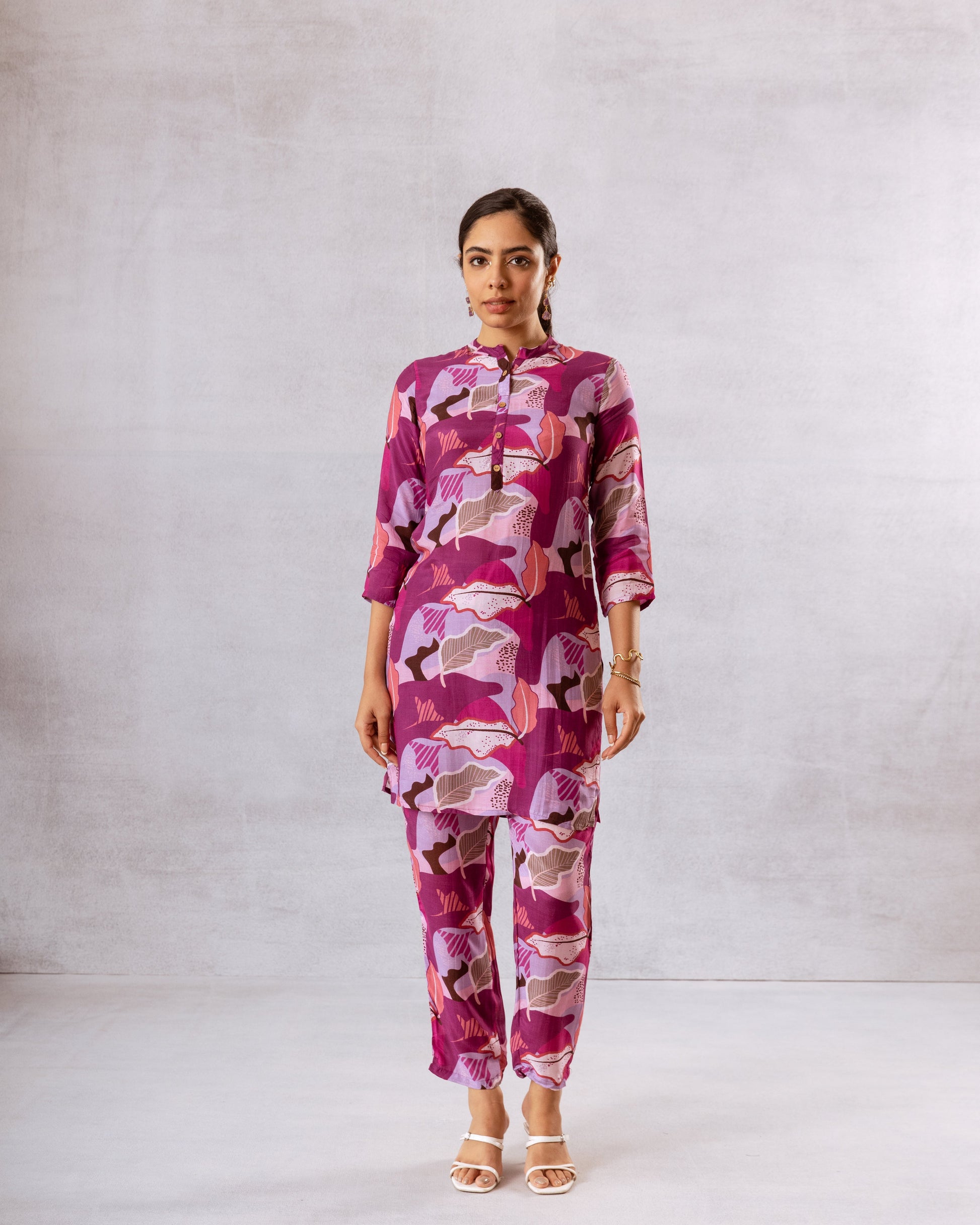 Amethyst Hues: Purple Abstract Muslin Semi-Shirt Co-ord Set - Hukum Jaipur