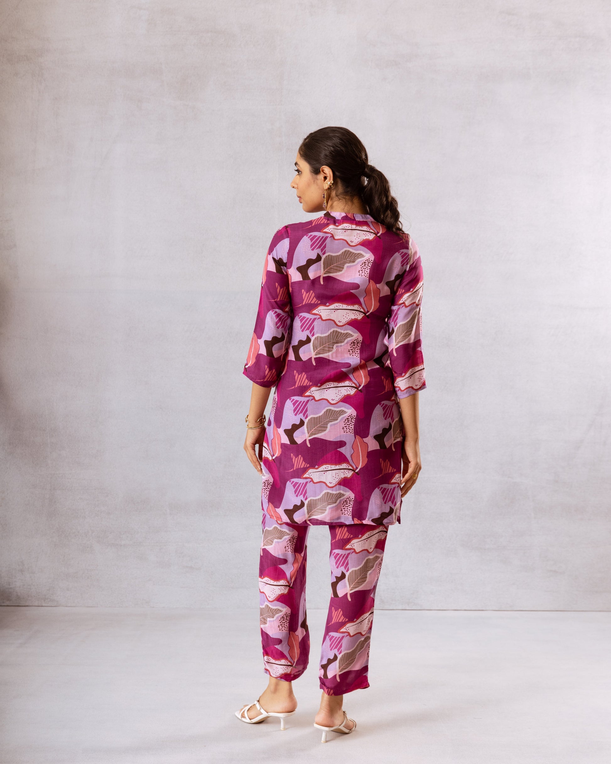 Amethyst Hues: Purple Abstract Muslin Semi-Shirt Co-ord Set - Hukum Jaipur