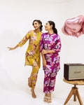 Golden Petals: Yellow Floral Muslin Semi-Shirt Co-ord Set - Hukum Jaipur