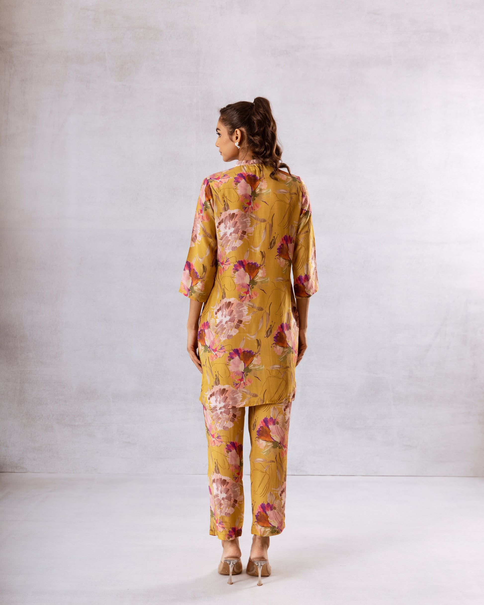 Golden Petals: Yellow Floral Muslin Semi-Shirt Co-ord Set - Hukum Jaipur