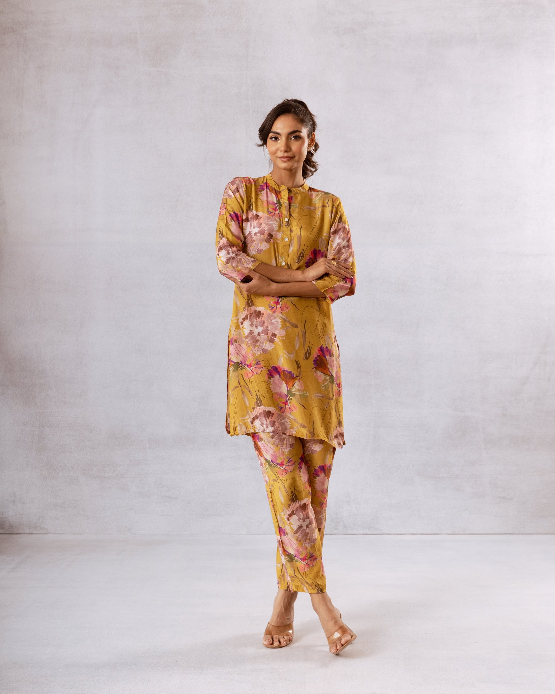 Golden Petals: Yellow Floral Muslin Semi-Shirt Co-ord Set - Hukum Jaipur