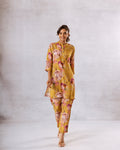 Golden Petals: Yellow Floral Muslin Semi-Shirt Co-ord Set - Hukum Jaipur