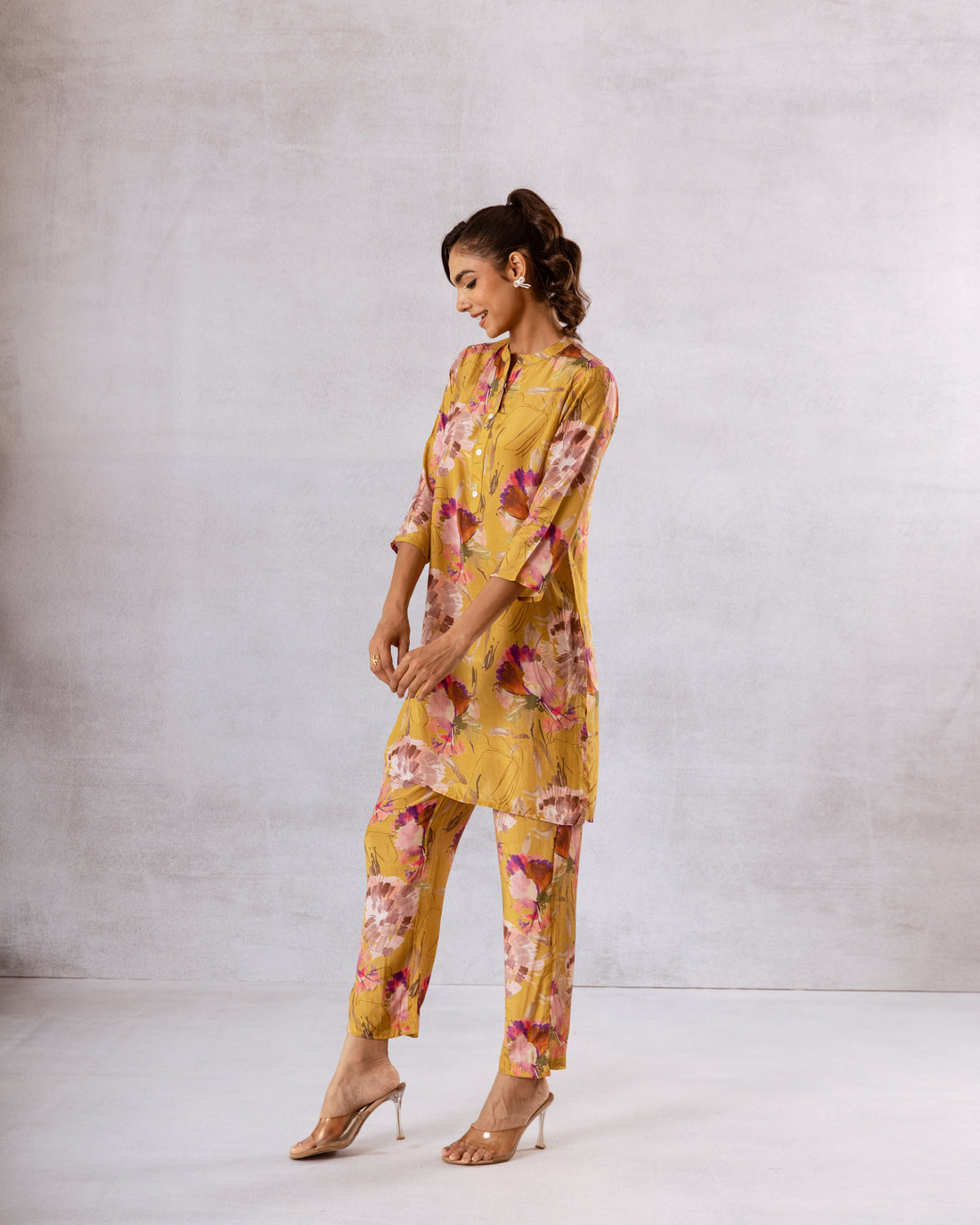 Golden Petals: Yellow Floral Muslin Semi-Shirt Co-ord Set - Hukum Jaipur