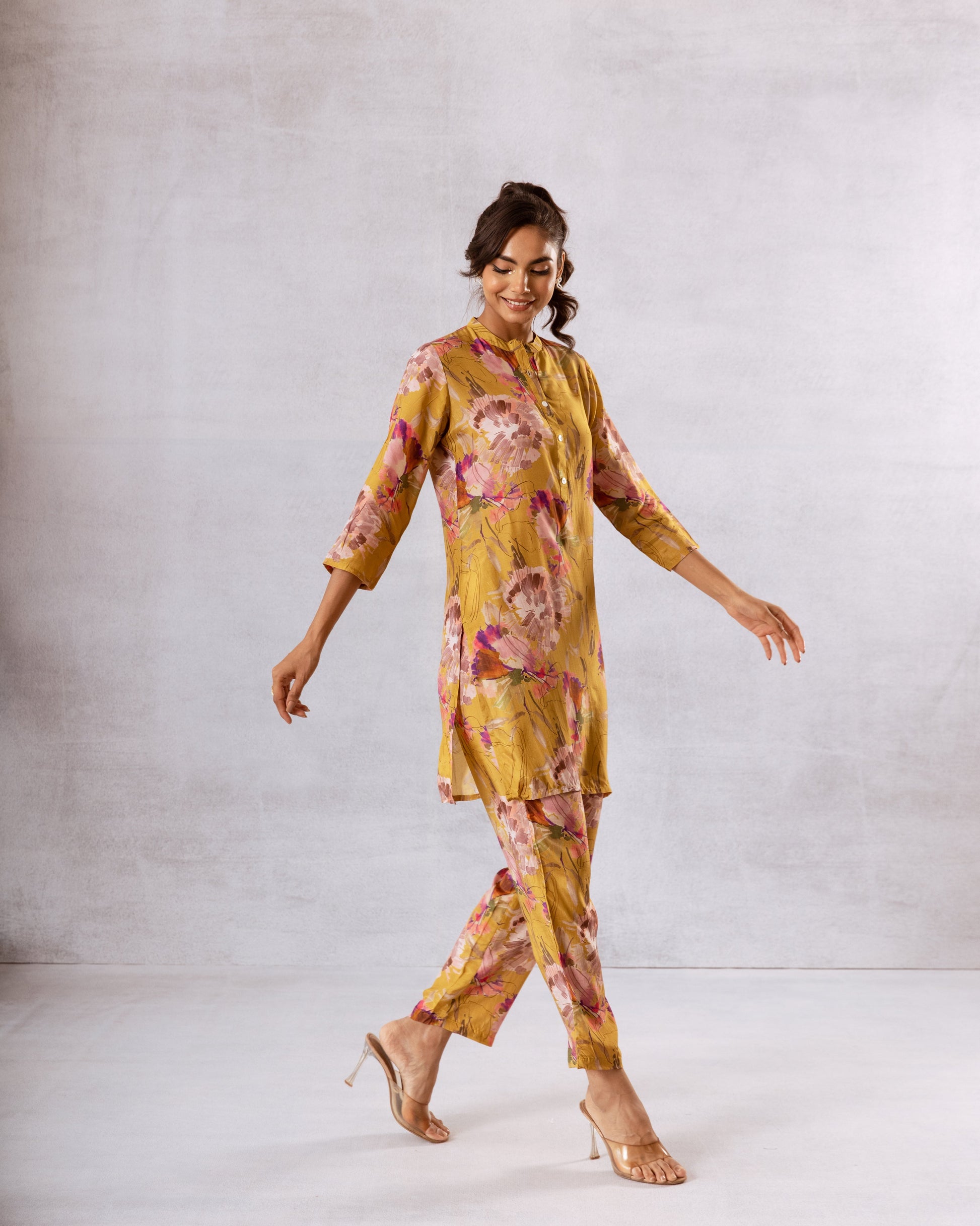 Golden Petals: Yellow Floral Muslin Semi-Shirt Co-ord Set - Hukum Jaipur