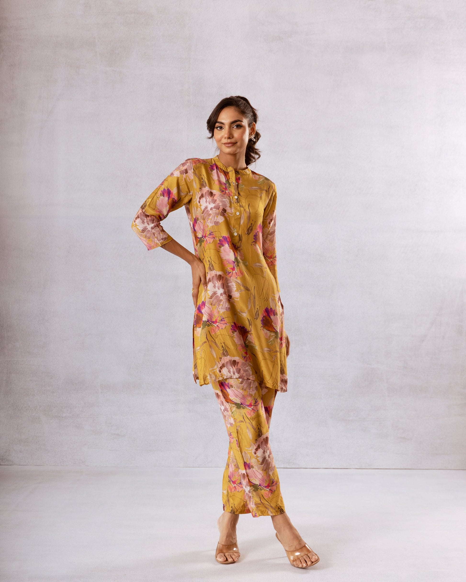 Golden Petals: Yellow Floral Muslin Semi-Shirt Co-ord Set - Hukum Jaipur