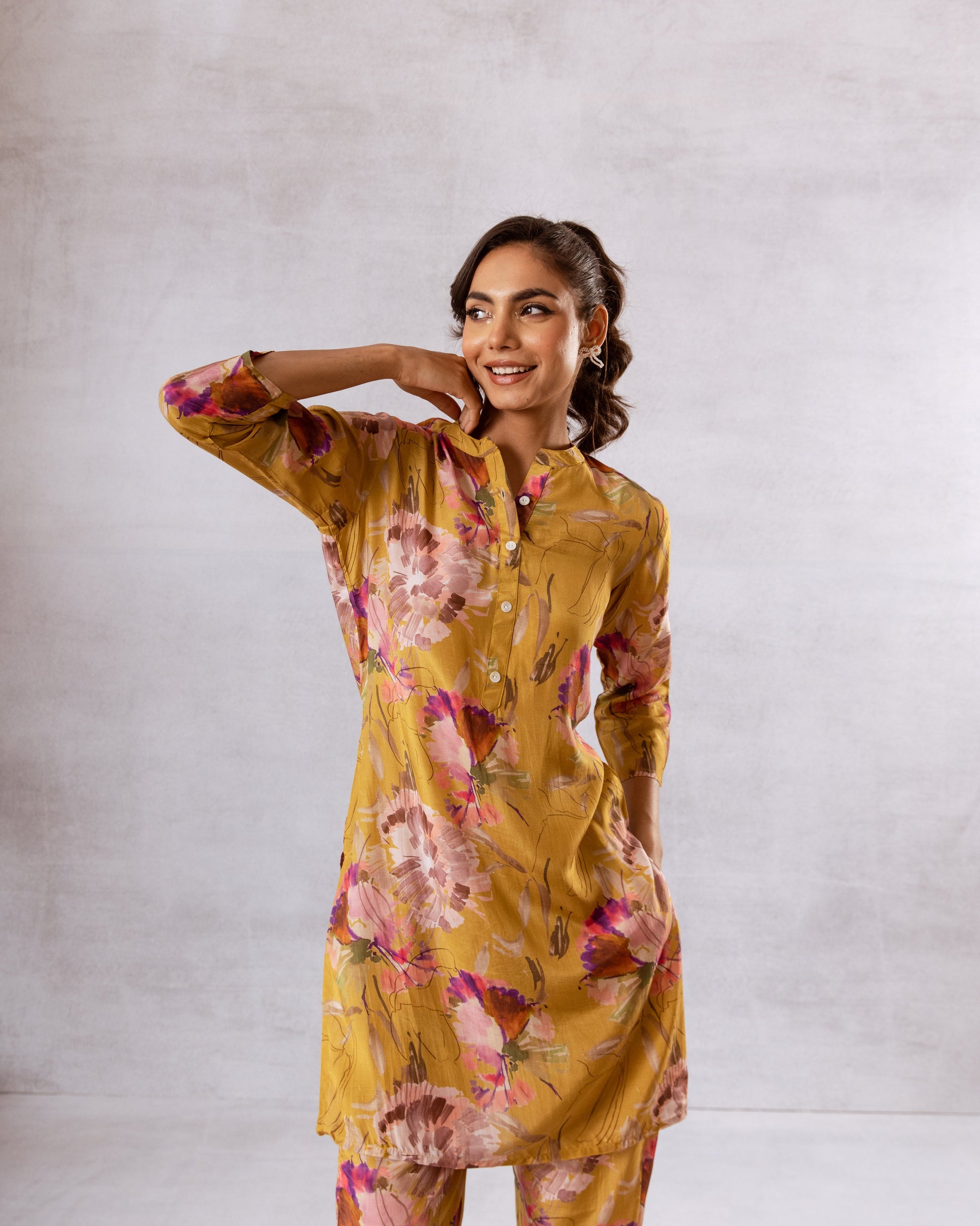 Golden Petals: Yellow Floral Muslin Semi-Shirt Co-ord Set - Hukum Jaipur