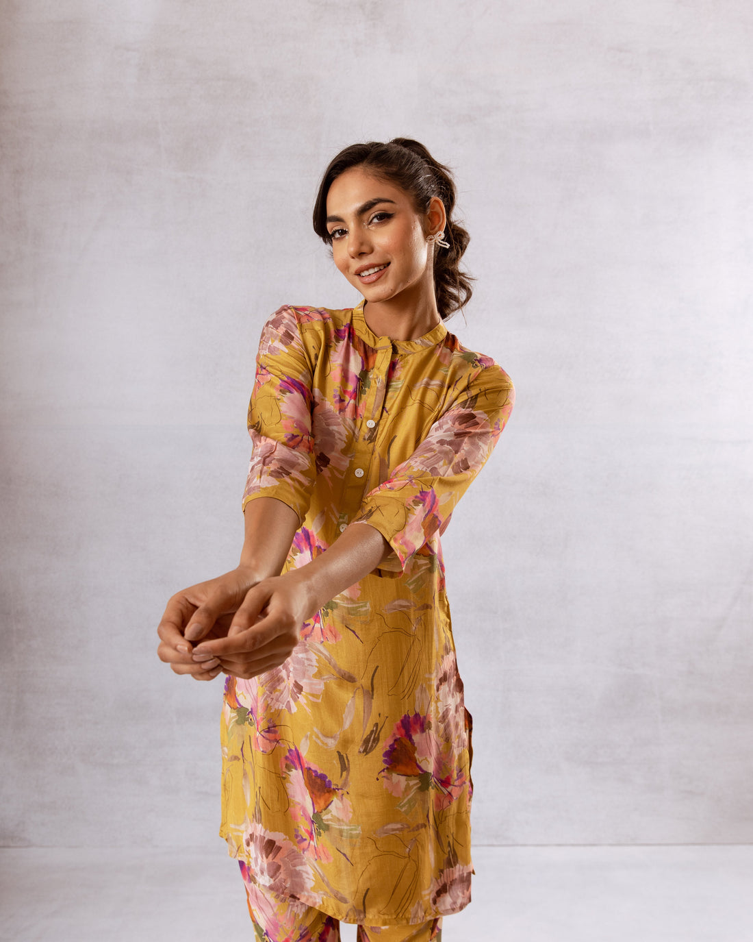 Golden Petals: Yellow Floral Muslin Semi-Shirt Co-ord Set - Hukum Jaipur