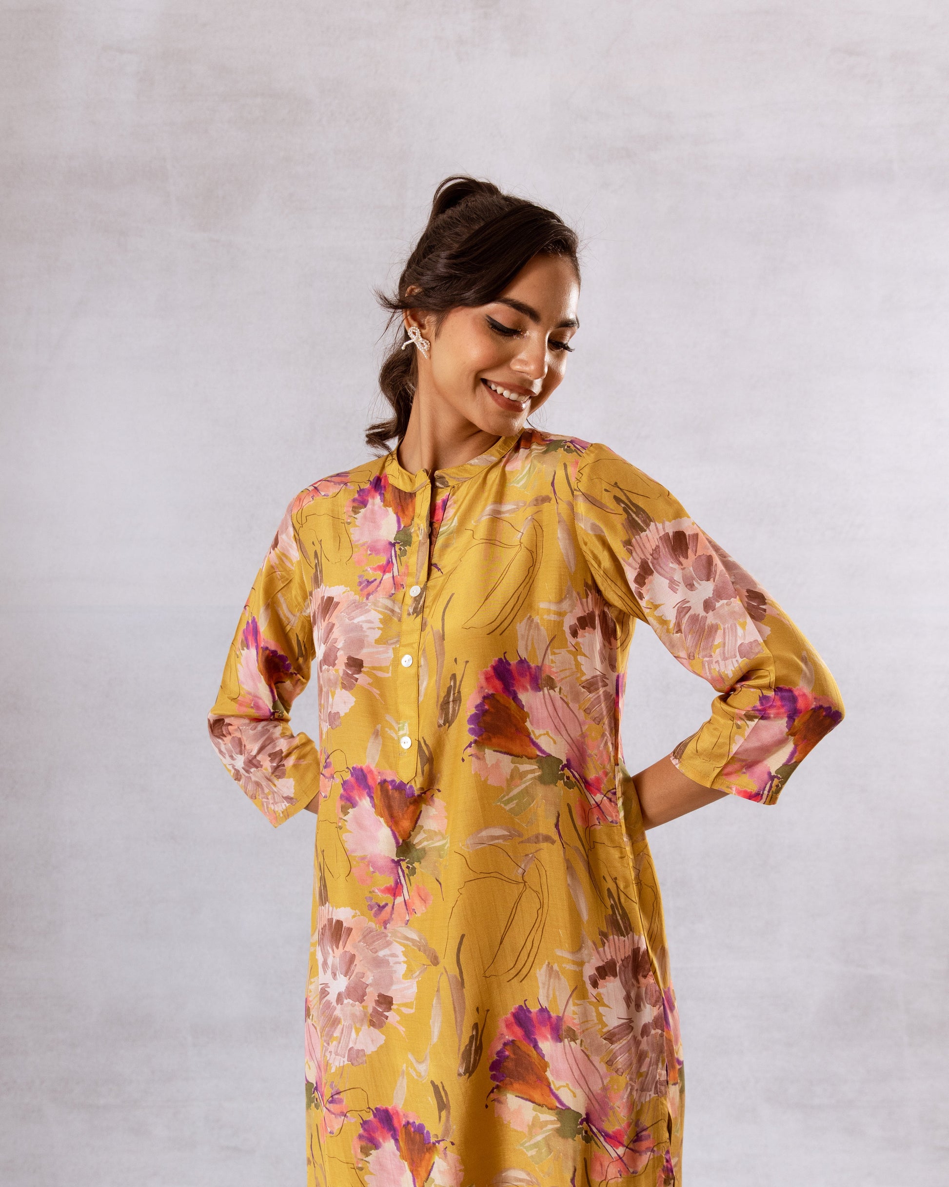 Golden Petals: Yellow Floral Muslin Semi-Shirt Co-ord Set - Hukum Jaipur