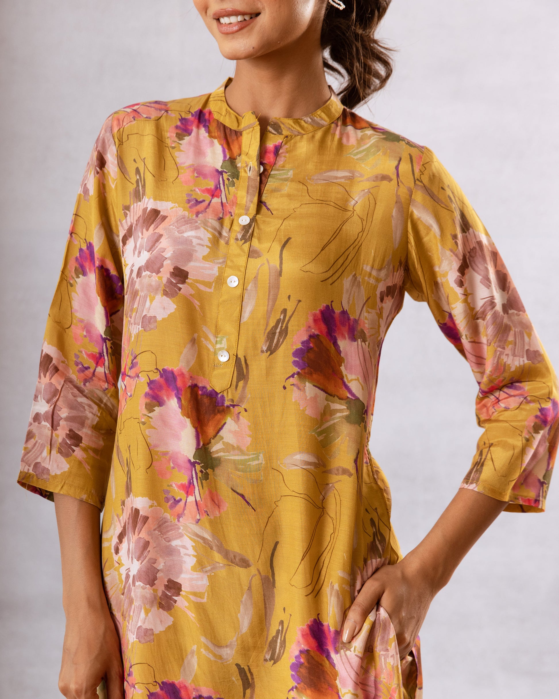 Golden Petals: Yellow Floral Muslin Semi-Shirt Co-ord Set - Hukum Jaipur