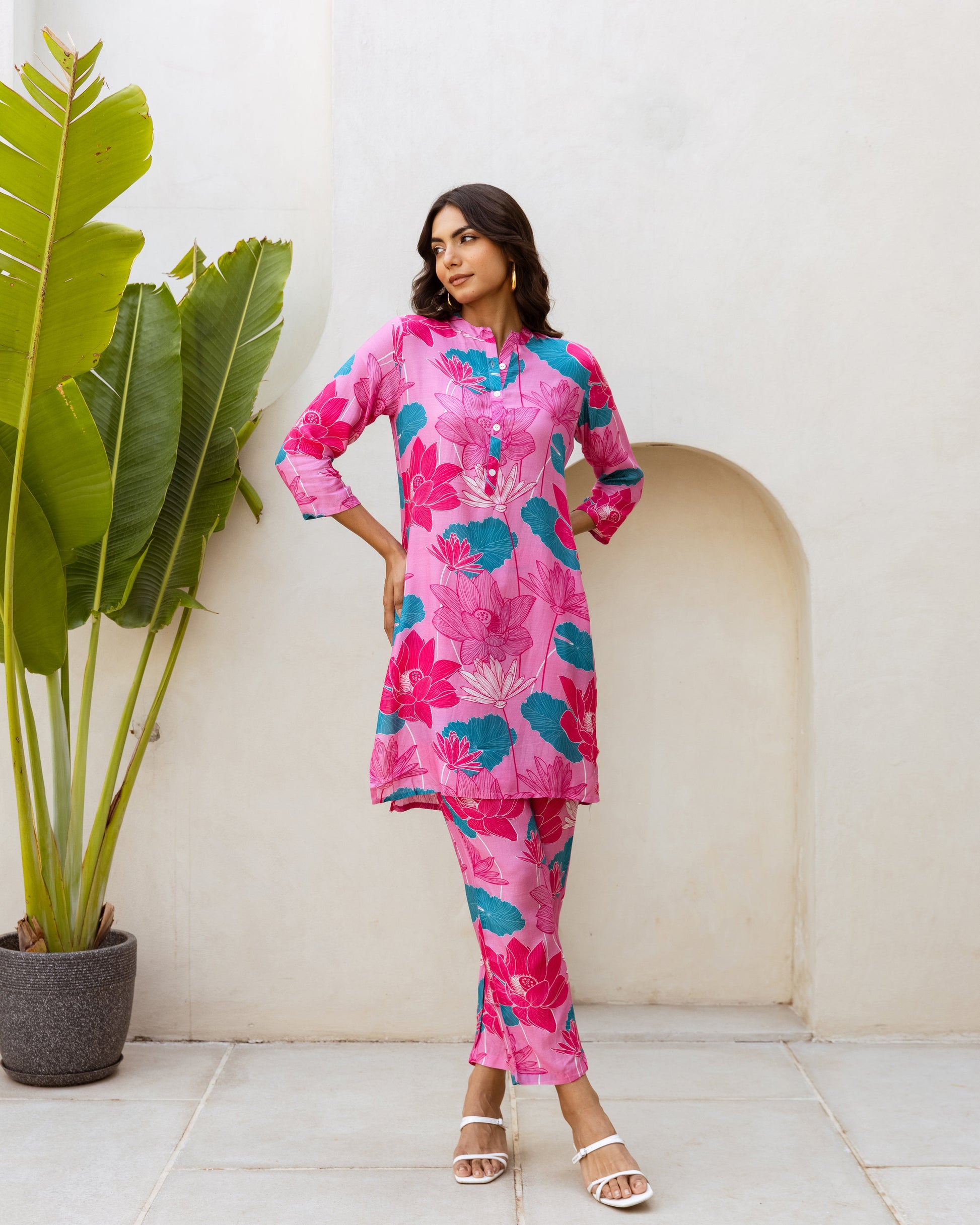 Petal Charm: Pink Muslin Co-ord Set - Hukum Jaipur