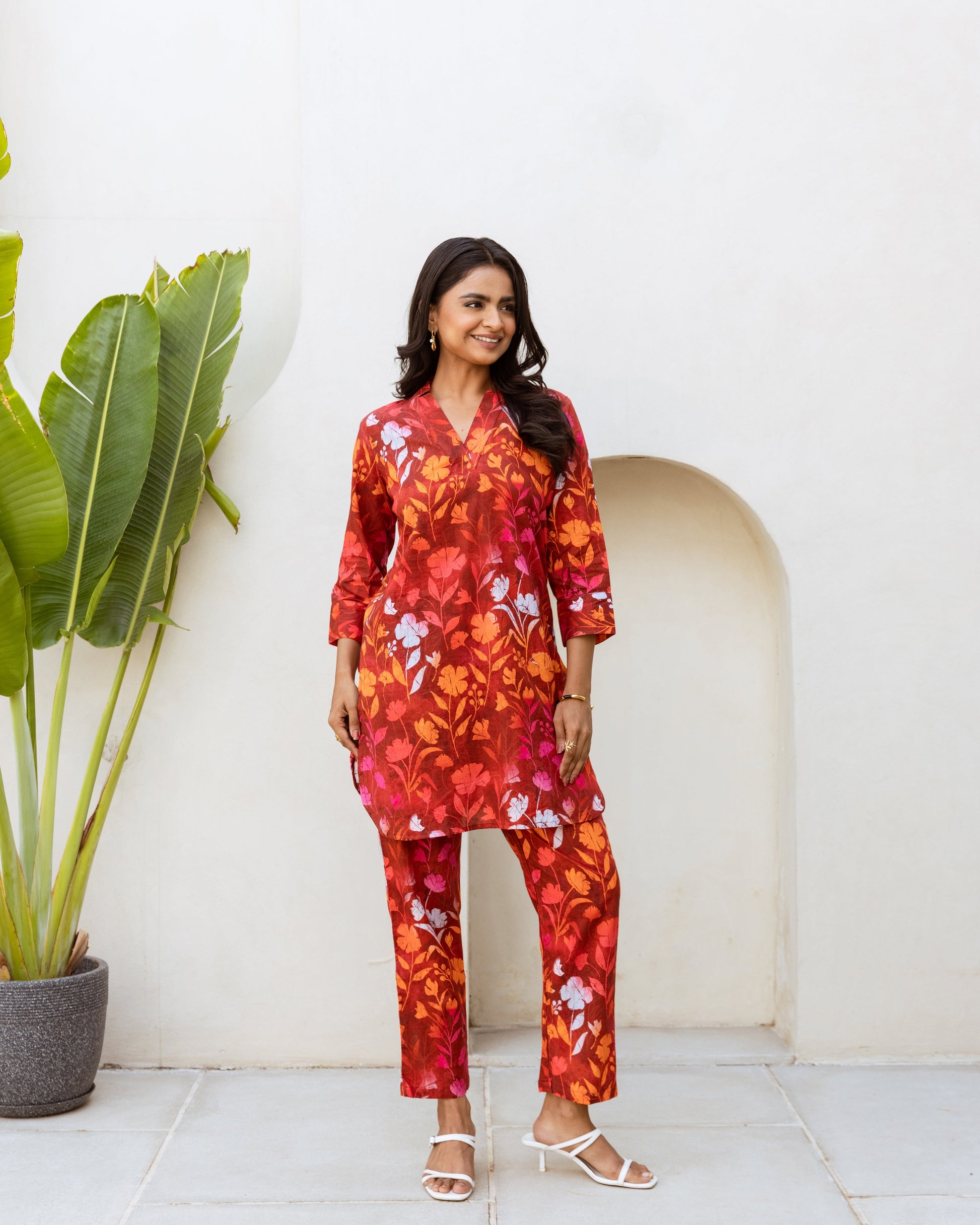 Crimson Charm: Red Floral Cotton Co-ord Set - Hukum Jaipur