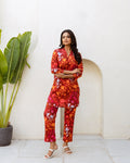 Crimson Charm: Red Floral Cotton Co-ord Set - Hukum Jaipur