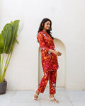 Crimson Charm: Red Floral Cotton Co-ord Set - Hukum Jaipur