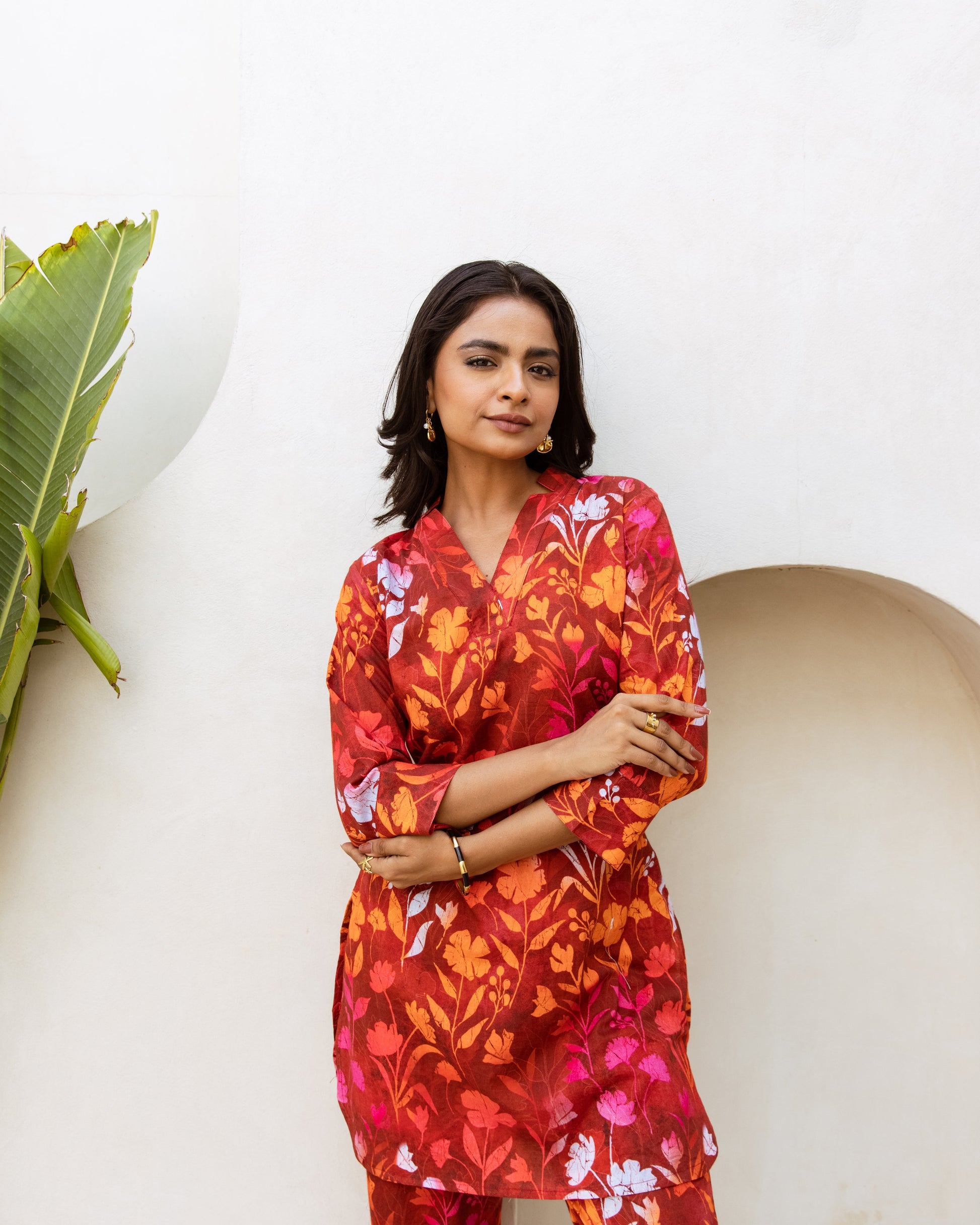 Crimson Charm: Red Floral Cotton Co-ord Set - Hukum Jaipur