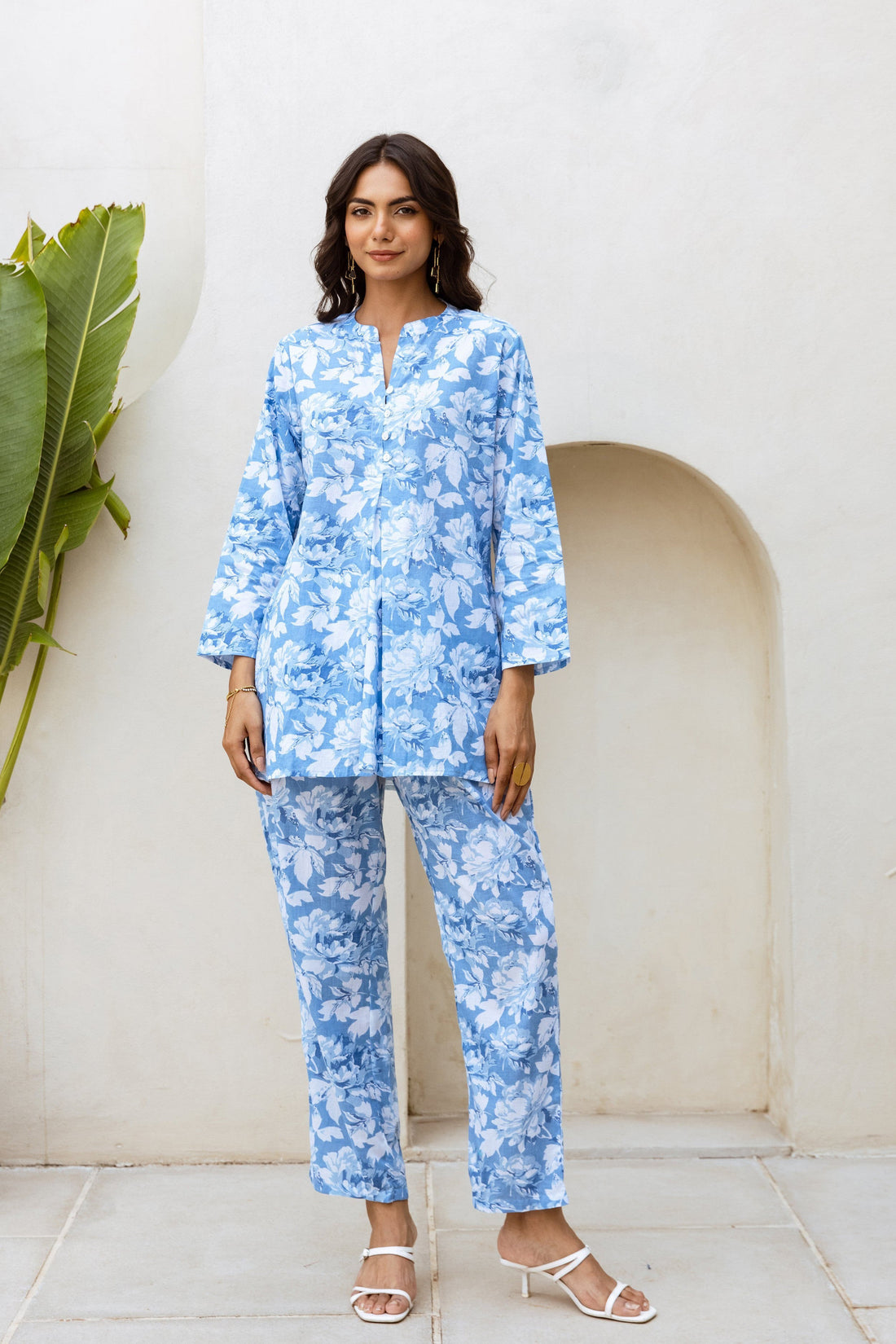 Breezy Blossom: Sky Blue Floral Cotton Co-ord Set - Hukum Jaipur