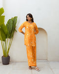 Chic Orange Minimalist Floral Muslin Co-ord Set - Hukum Jaipur