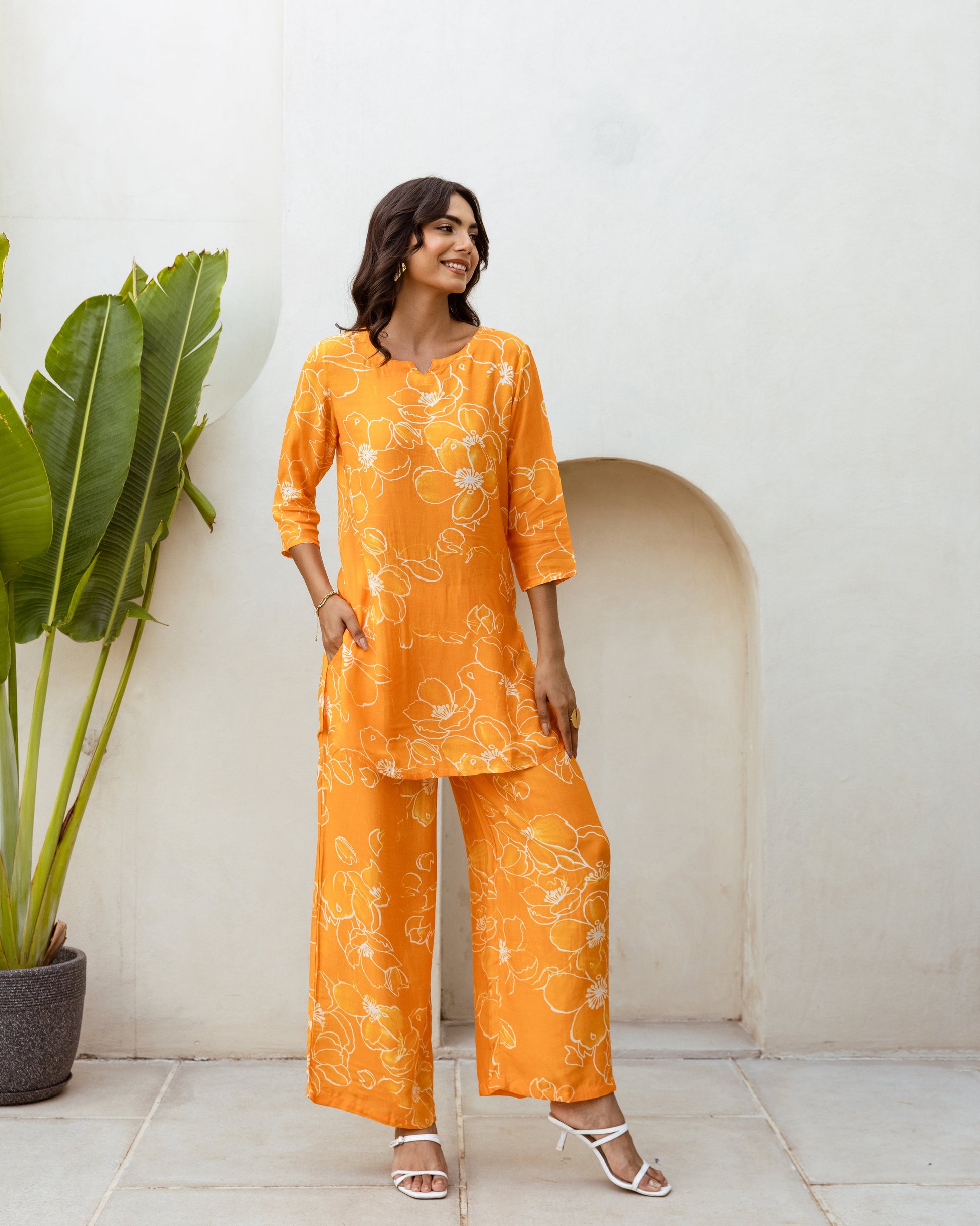 Chic Orange Minimalist Floral Muslin Co-ord Set - Hukum Jaipur