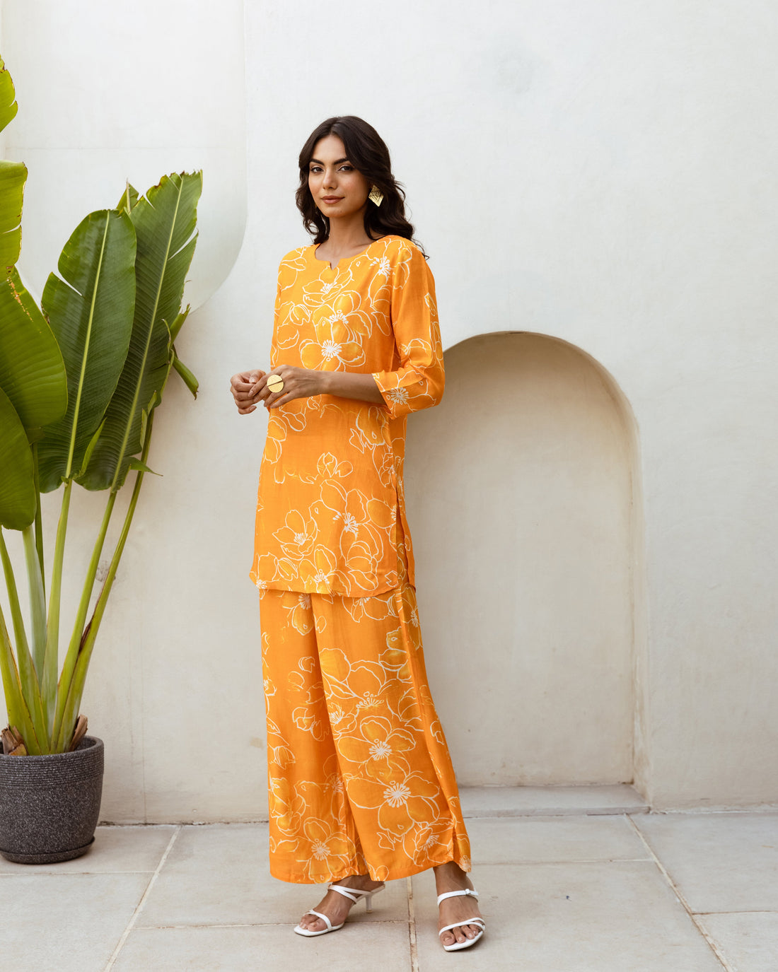 Chic Orange Minimalist Floral Muslin Co-ord Set - Hukum Jaipur