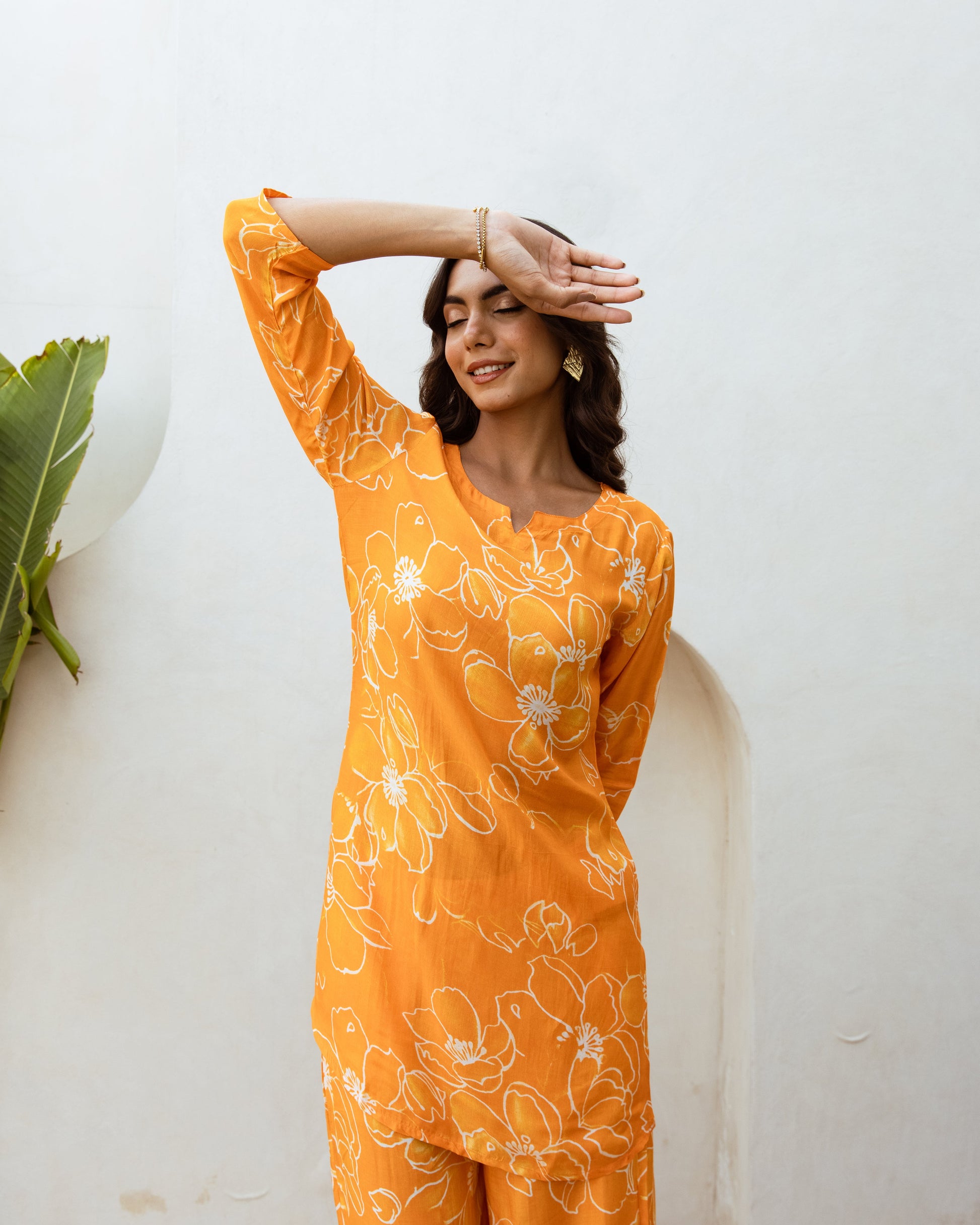 Chic Orange Minimalist Floral Muslin Co-ord Set - Hukum Jaipur