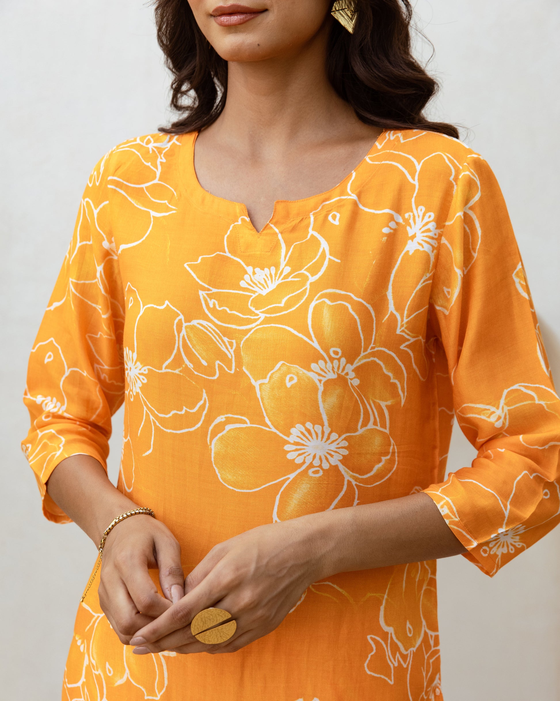 Chic Orange Minimalist Floral Muslin Co-ord Set - Hukum Jaipur