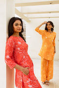 Chic Orange Minimalist Floral Muslin Co-ord Set - Hukum Jaipur