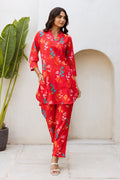 Rosy Radiance: Red Floral Cotton Co-ord Set - Hukum Jaipur