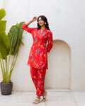 Rosy Radiance: Red Floral Cotton Co-ord Set - Hukum Jaipur