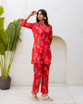 Rosy Radiance: Red Floral Cotton Co-ord Set - Hukum Jaipur