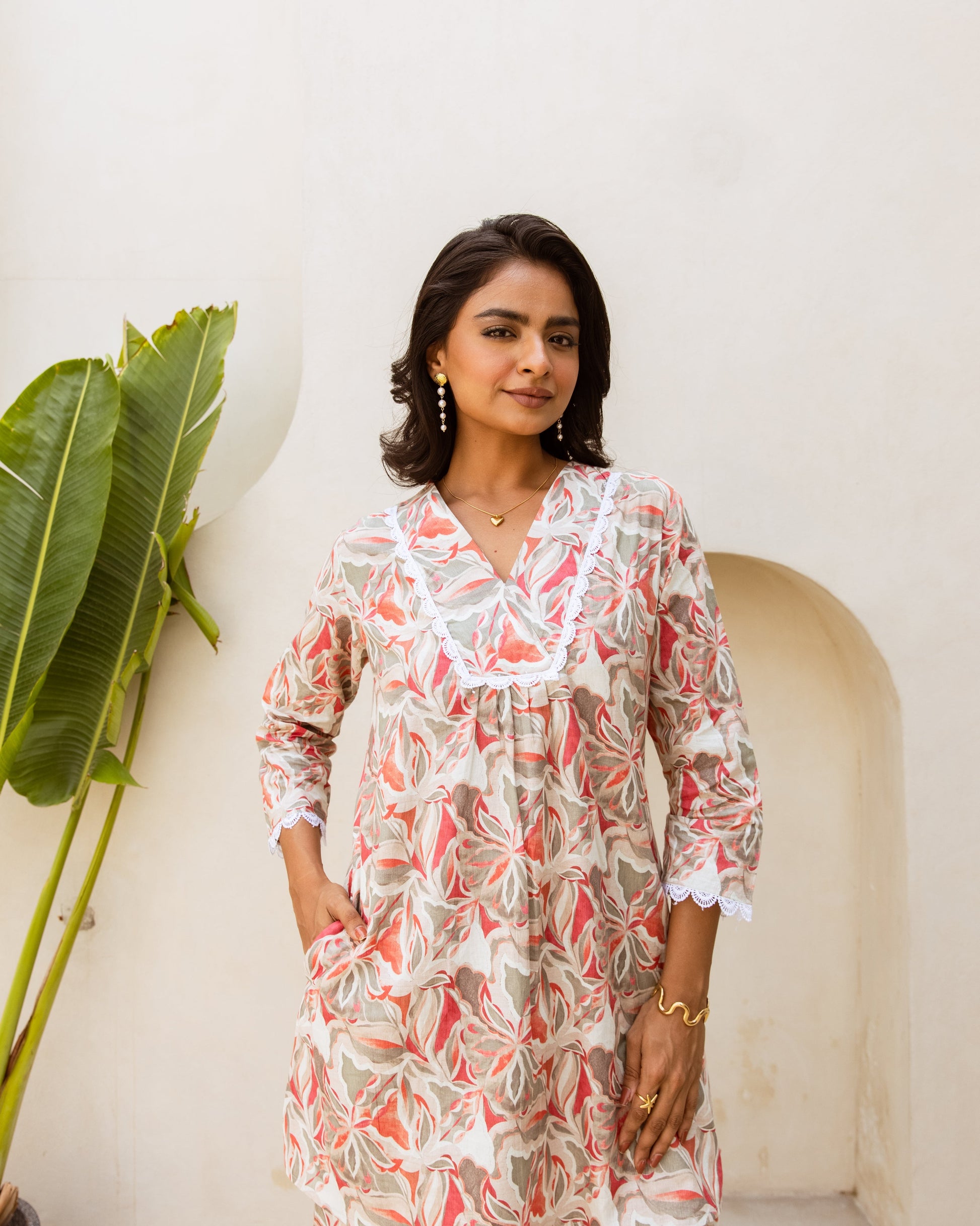 Vintage Blossom: Off-White Cotton Floral Co-ord Set - Hukum Jaipur